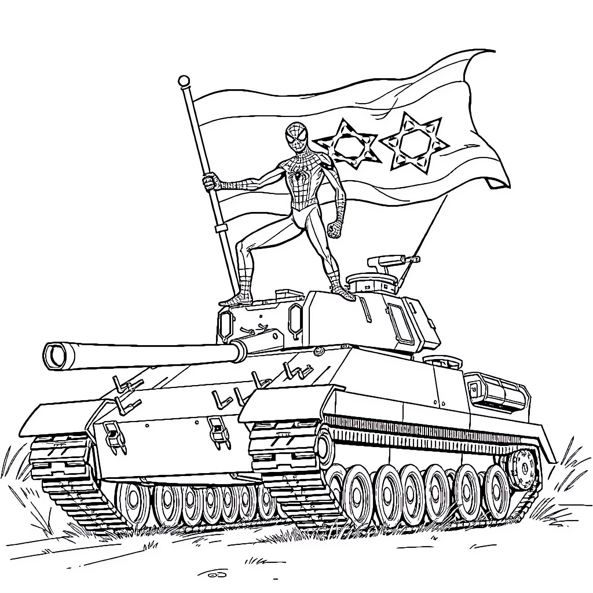 Spiderman holding Israeli flag on military tank Coloring Page (free black-and-white line drawing printable PDF for all, from beginners to advanced learners, including children, teens, adults, and seniors)