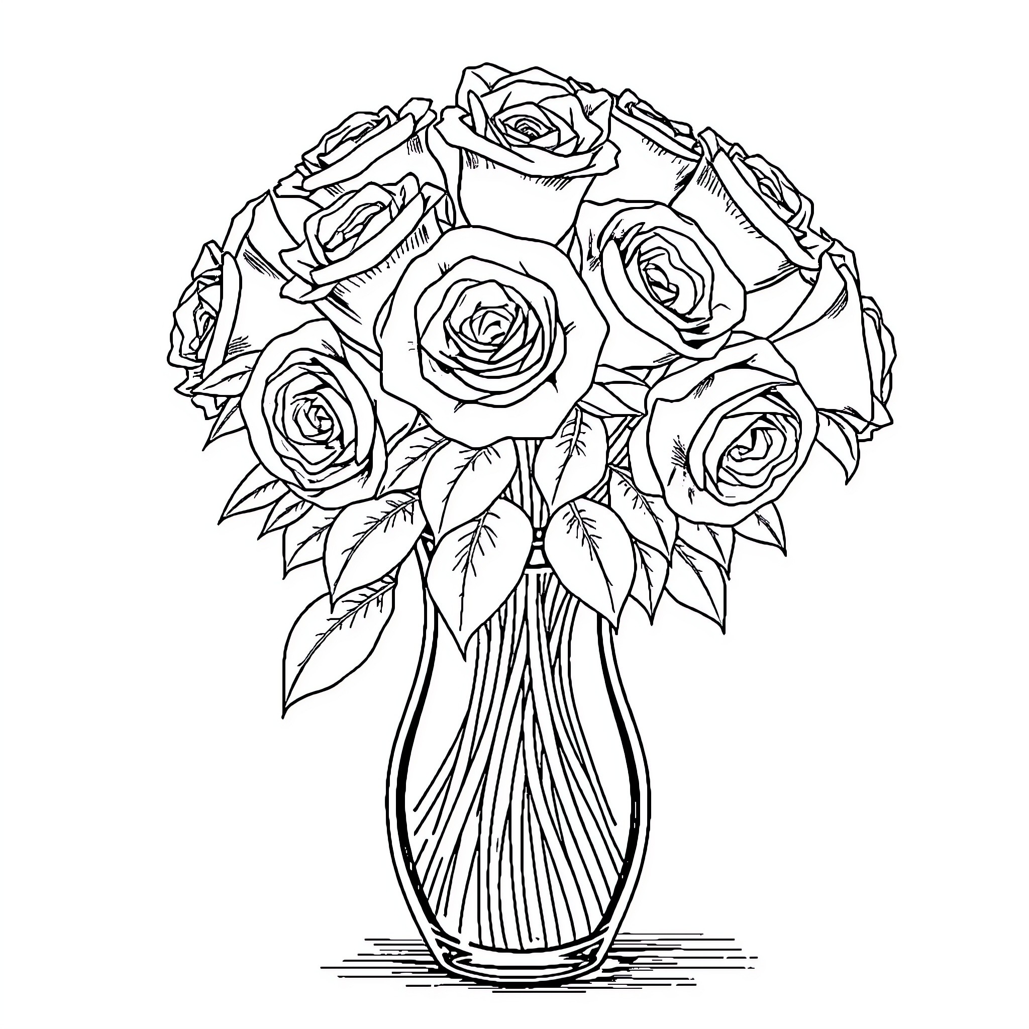Rose Bouquet Arrangement in Glass Vase Coloring Page (free black-and-white line drawing printable PDF for all, from beginners to advanced learners, including children, teens, adults, and seniors)