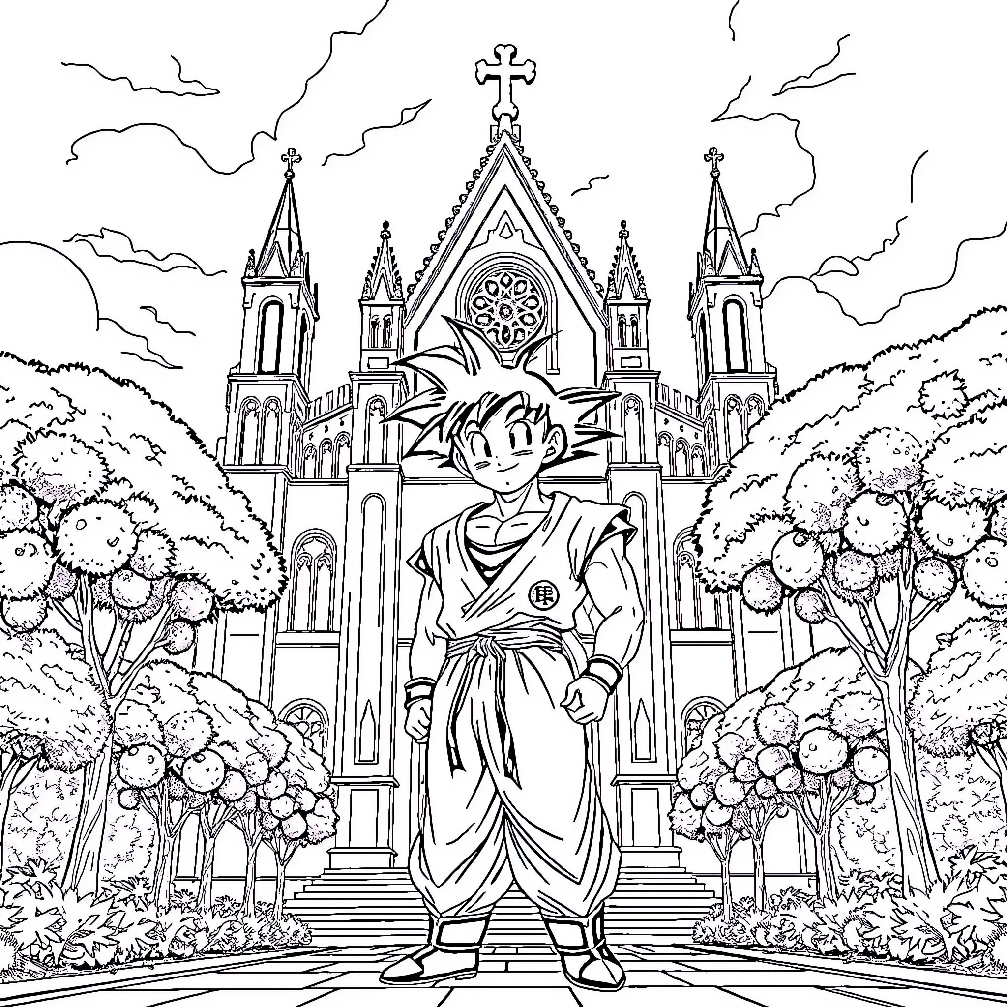 Son Goku standing before an ornate cathedral Coloring Page (free black-and-white line drawing printable PDF for all, from beginners to advanced learners, including children, teens, adults, and seniors)