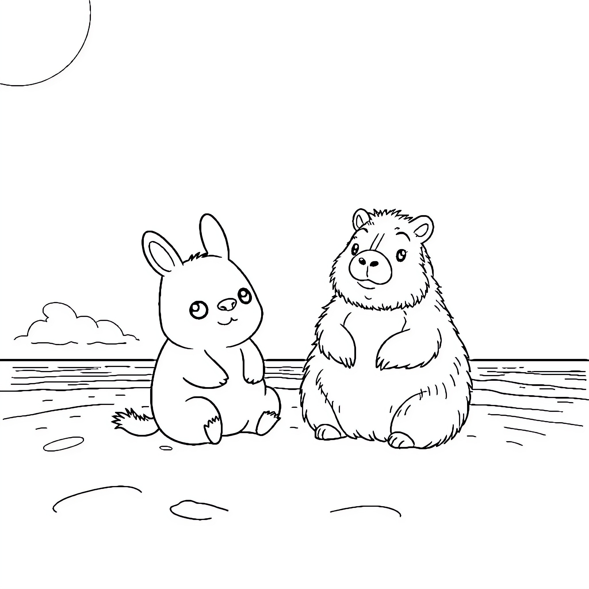 Cinamoroll and a furry friend on the beach Coloring Page (free black-and-white line drawing printable PDF for all, from beginners to advanced learners, including children, teens, adults, and seniors)