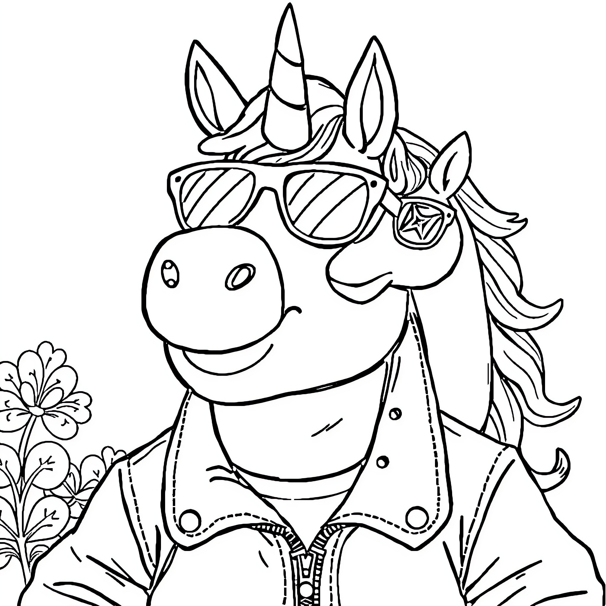 Teddy Bear wearing sunglasses and floral outfit Coloring Page (free black-and-white line drawing printable PDF for all, from beginners to advanced learners, including children, teens, adults, and seniors)