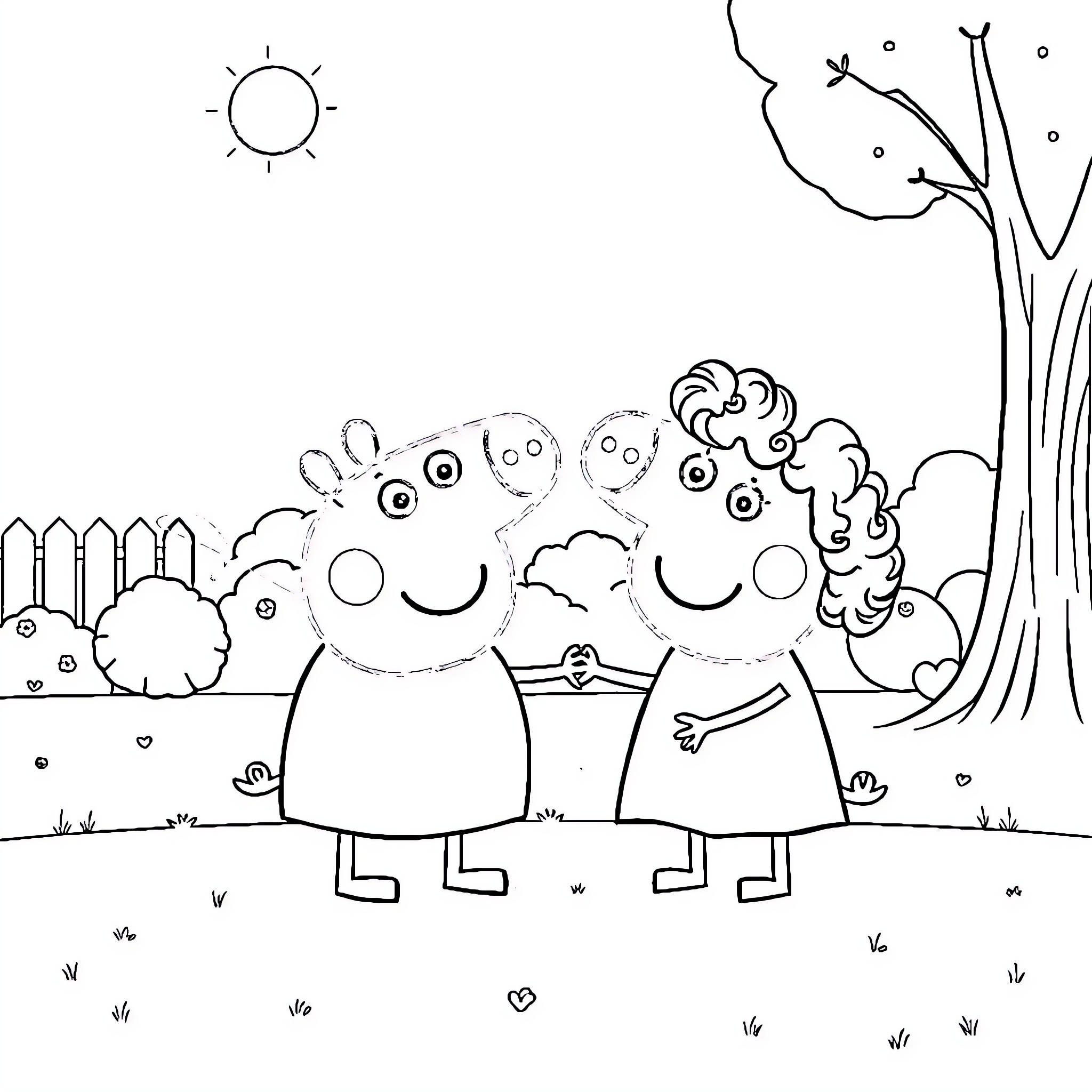 Peppa Pig and friends explore the outdoors Coloring Page (free black-and-white line drawing printable PDF for all, from beginners to advanced learners, including children, teens, adults, and seniors)