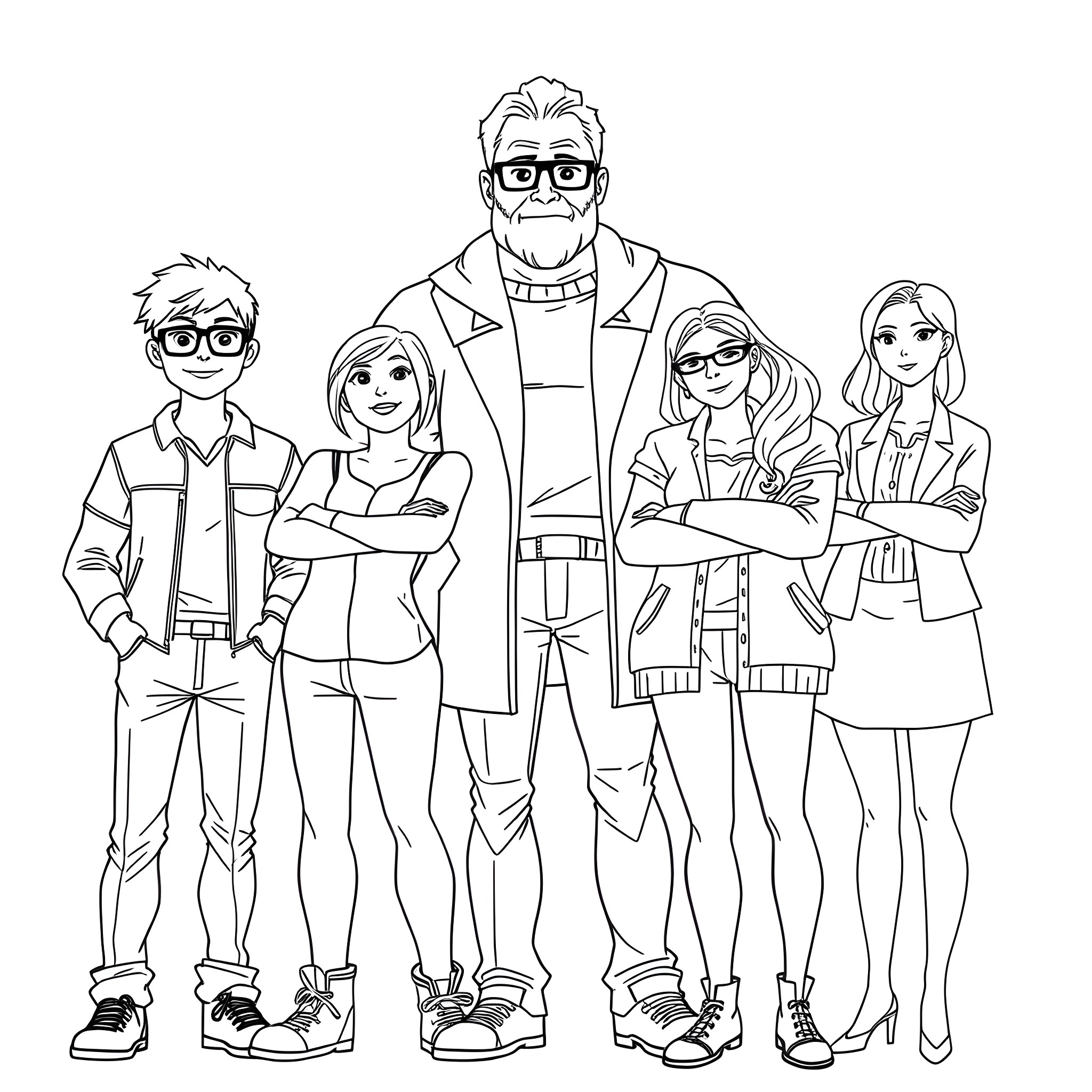Team of Professionals in Formal Attire Coloring Page (free black-and-white line drawing printable PDF for all, from beginners to advanced learners, including children, teens, adults, and seniors)