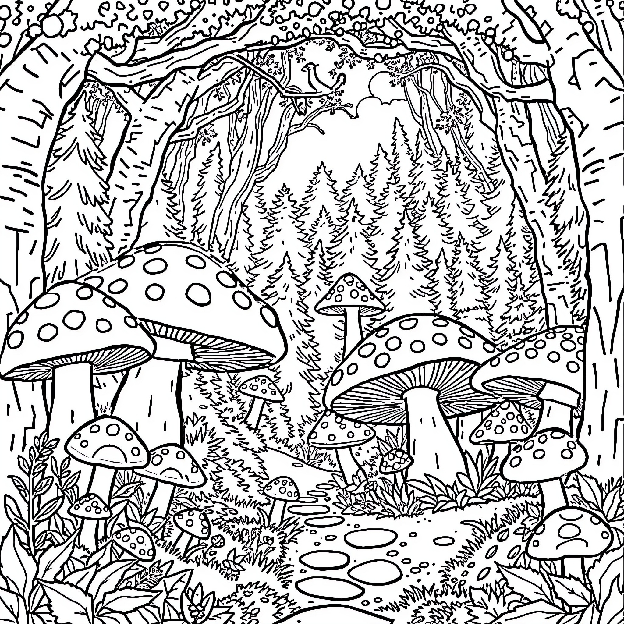 Mushroom Forest with Fantastical Scenery Coloring Page (free black-and-white line drawing printable PDF for all, from beginners to advanced learners, including children, teens, adults, and seniors)