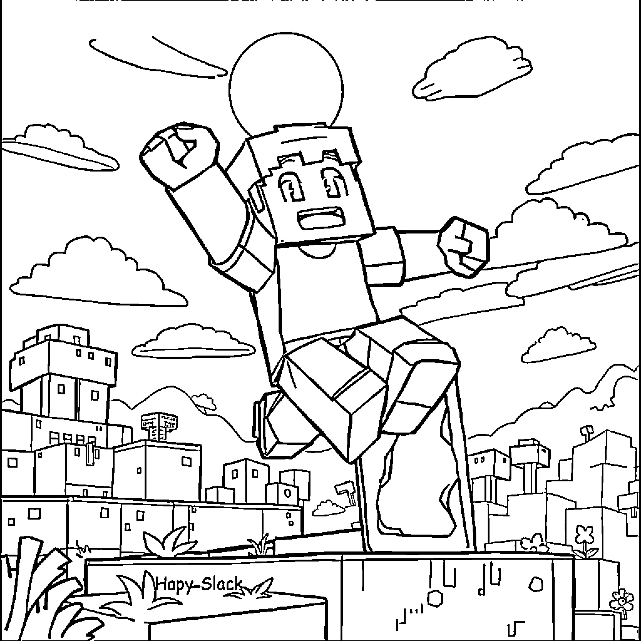 Steve's Adventure in the Blocky World Coloring Page (free black-and-white line drawing printable PDF for all, from beginners to advanced learners, including children, teens, adults, and seniors)