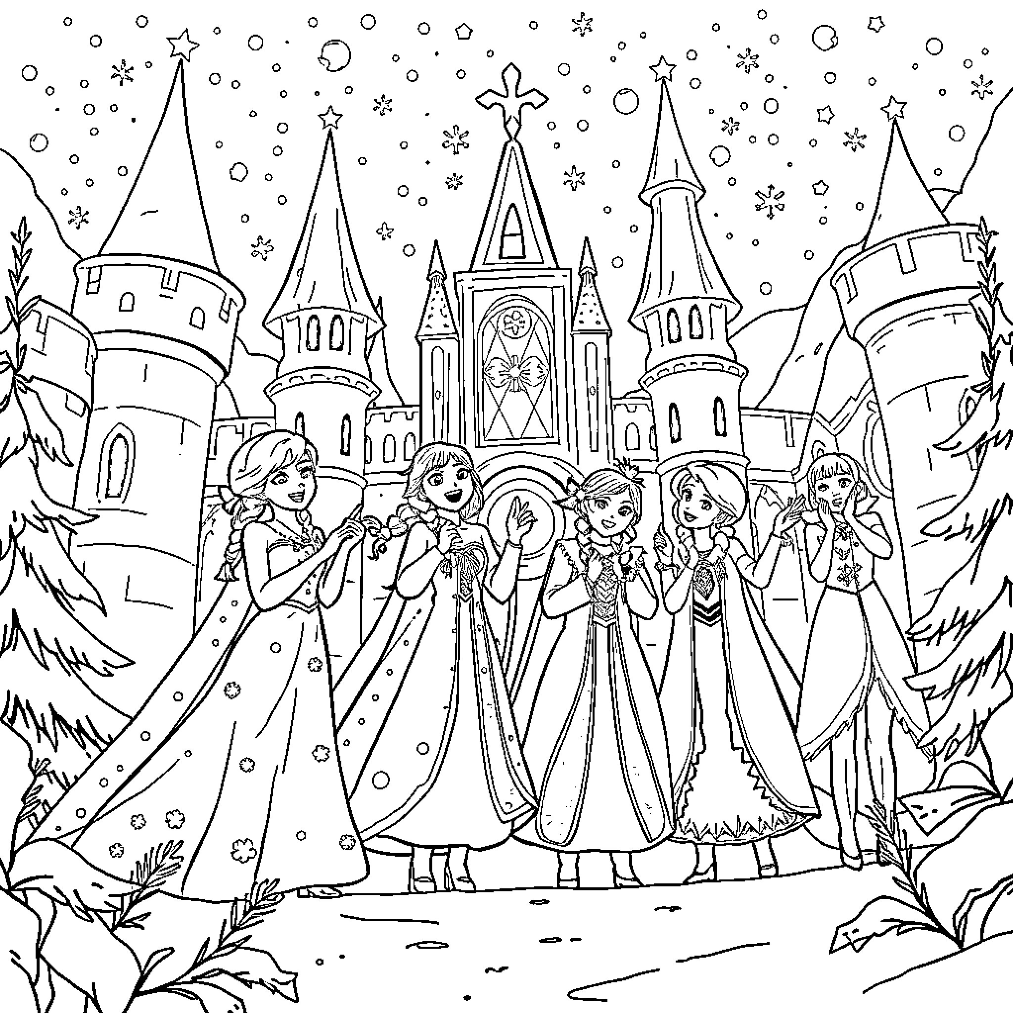 K Pop Winter Wonderland: A Magical Castle Scene Coloring Page (free black-and-white line drawing printable PDF for all, from beginners to advanced learners, including children, teens, adults, and seniors)