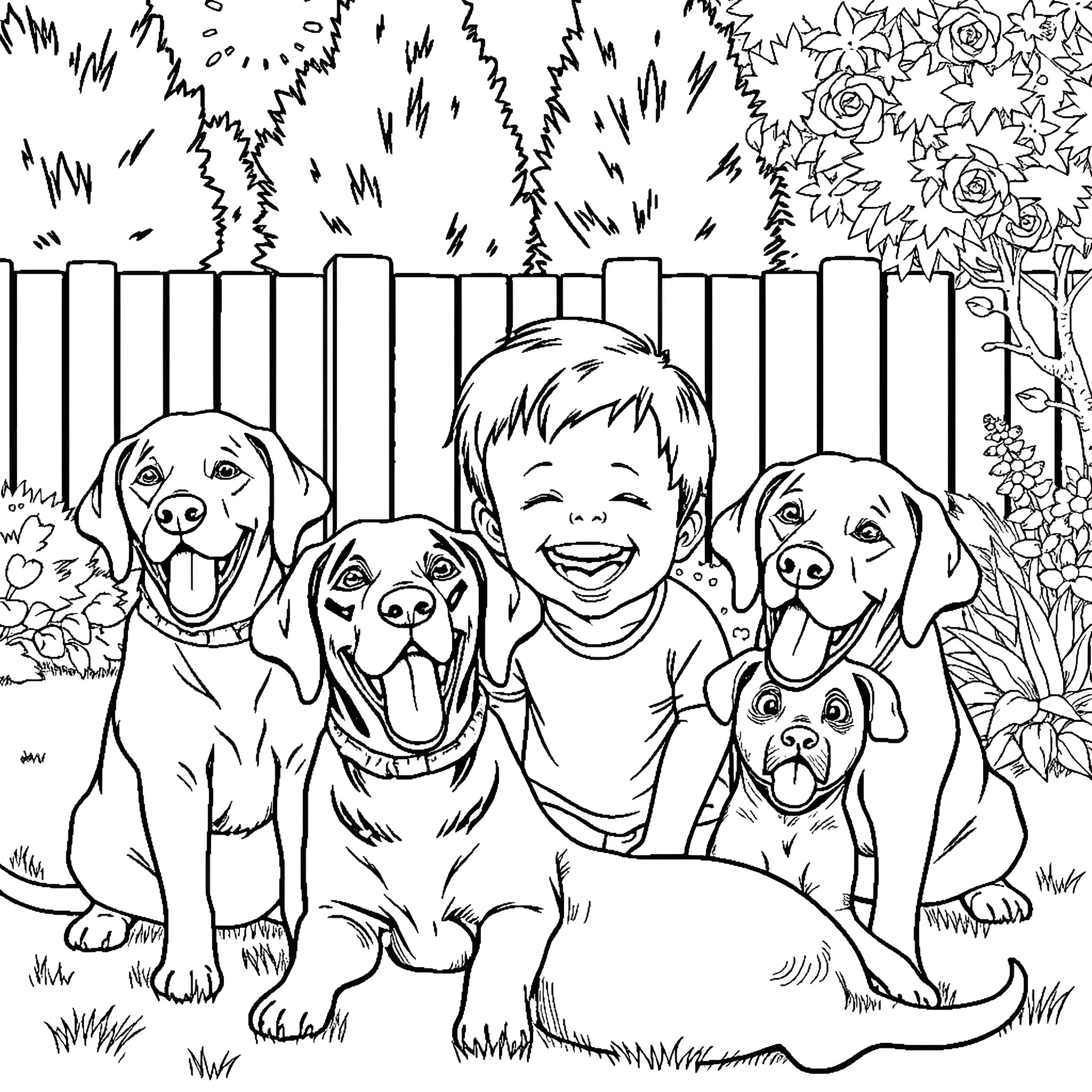 Lab with Playful Pups and Cheerful Child Coloring Page (free black-and-white line drawing printable PDF for all, from beginners to advanced learners, including children, teens, adults, and seniors)