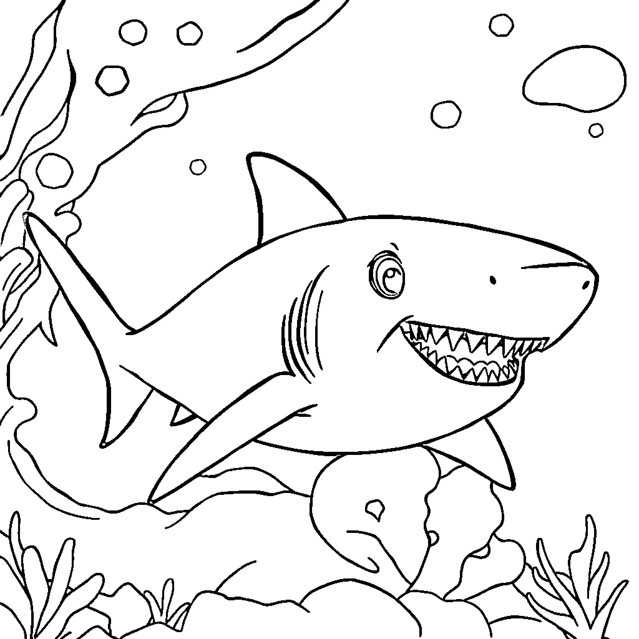 Shark swimming in the underwater scene Coloring Page (free black-and-white line drawing printable PDF for all, from beginners to advanced learners, including children, teens, adults, and seniors)