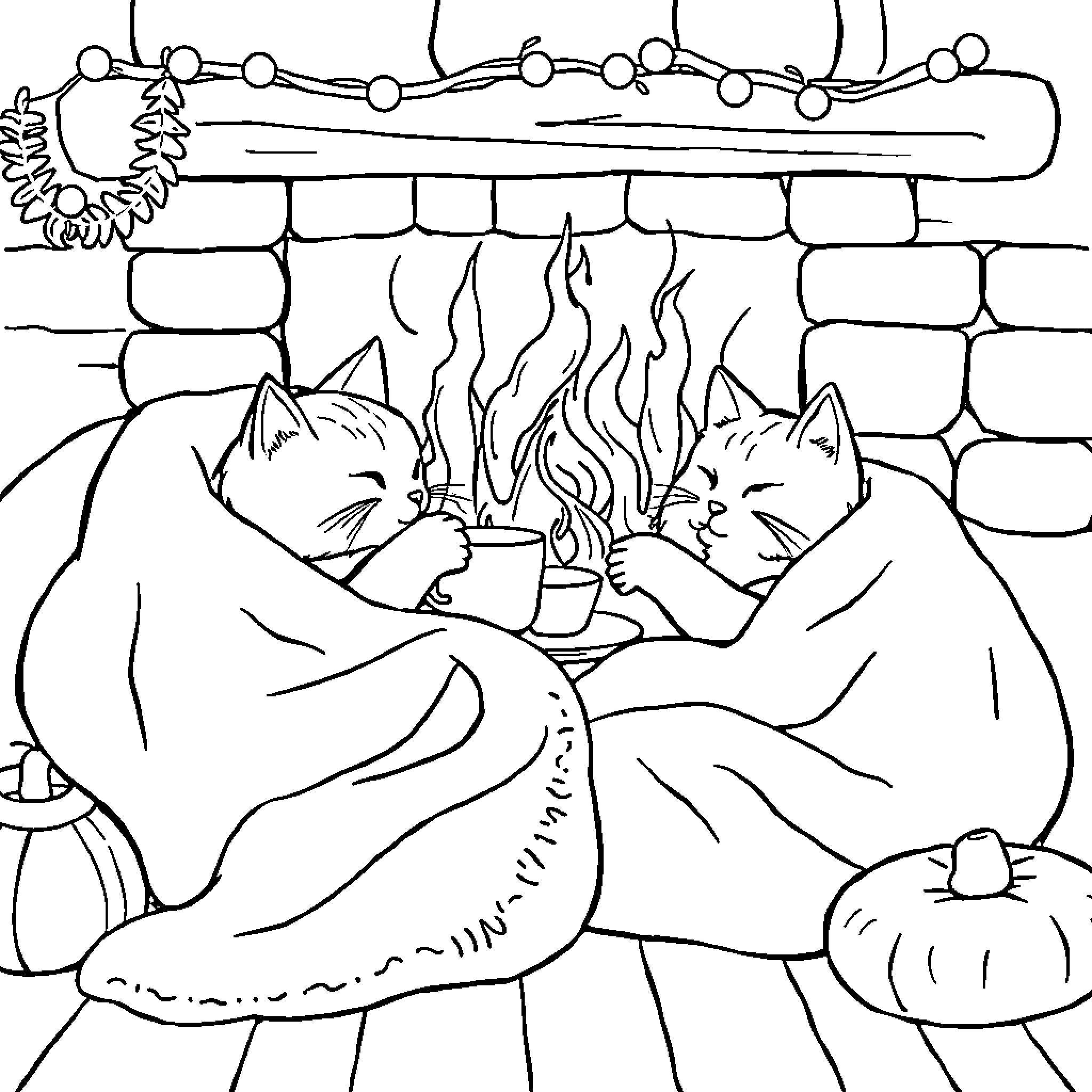 Cats relaxing by the fireplace Coloring Page (free black-and-white line drawing printable PDF for all, from beginners to advanced learners, including children, teens, adults, and seniors)