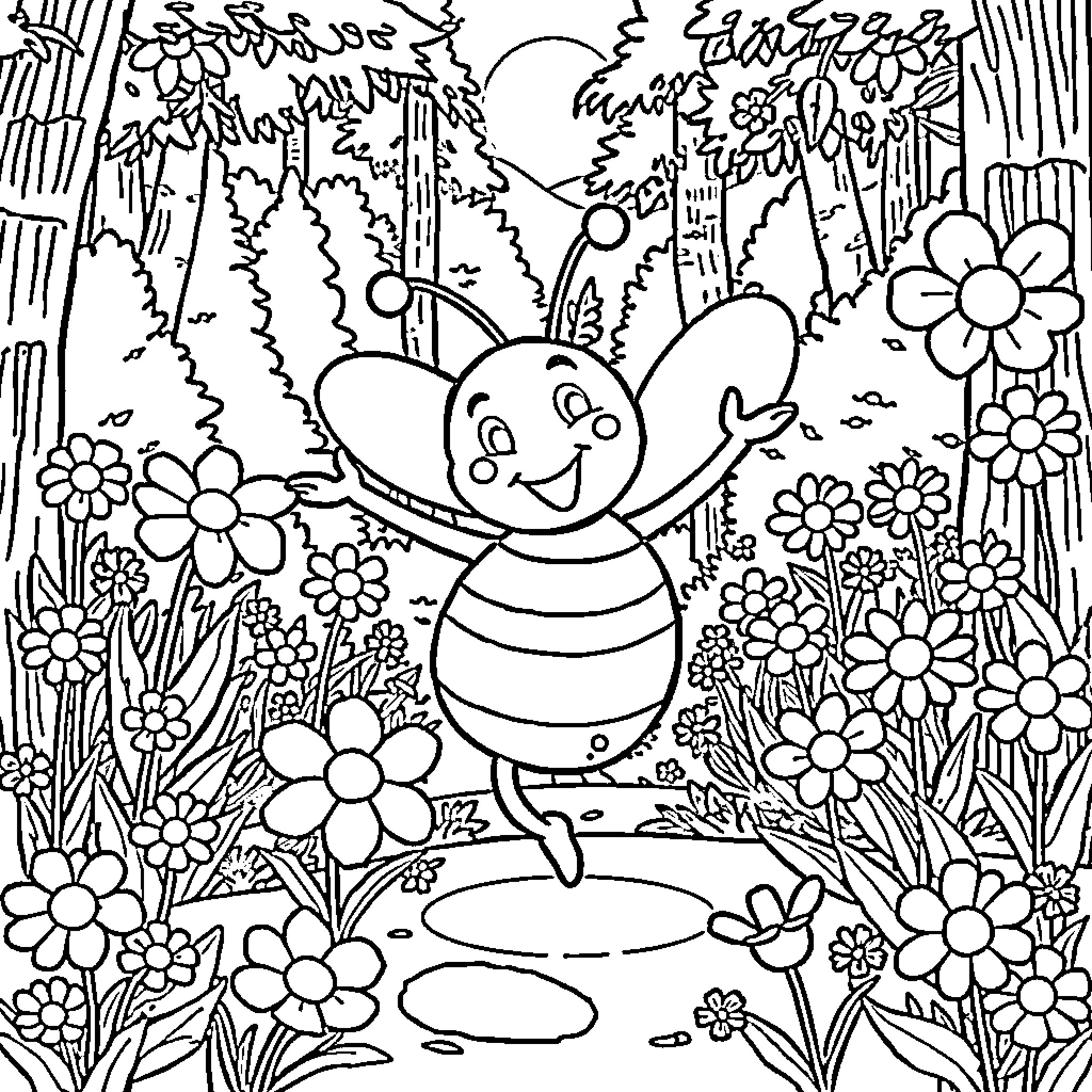 Bee exploring a whimsical floral wonderland Coloring Page (free black-and-white line drawing printable PDF for all, from beginners to advanced learners, including children, teens, adults, and seniors)