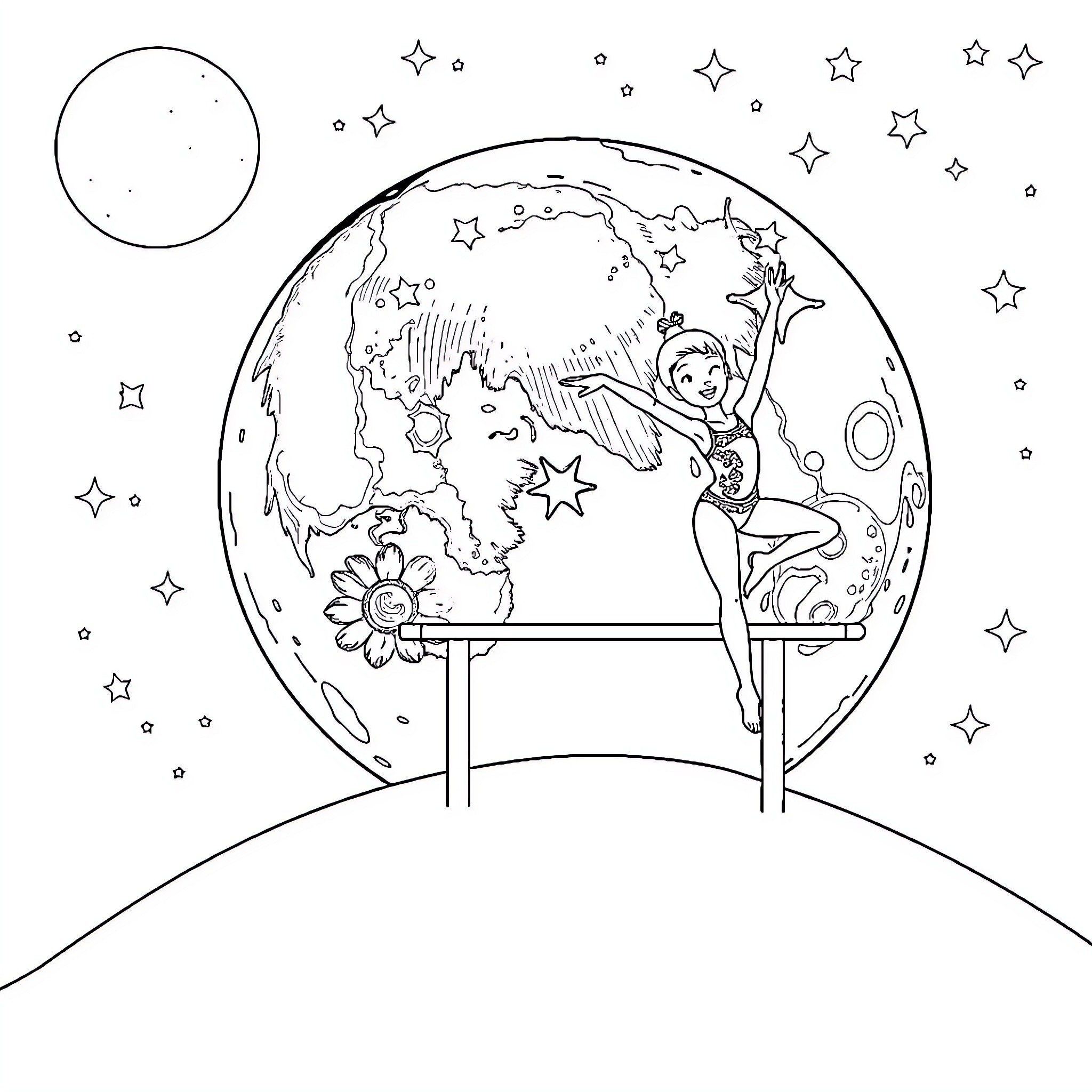 Gymnast performing in a cosmic landscape Coloring Page (free black-and-white line drawing printable PDF for all, from beginners to advanced learners, including children, teens, adults, and seniors)