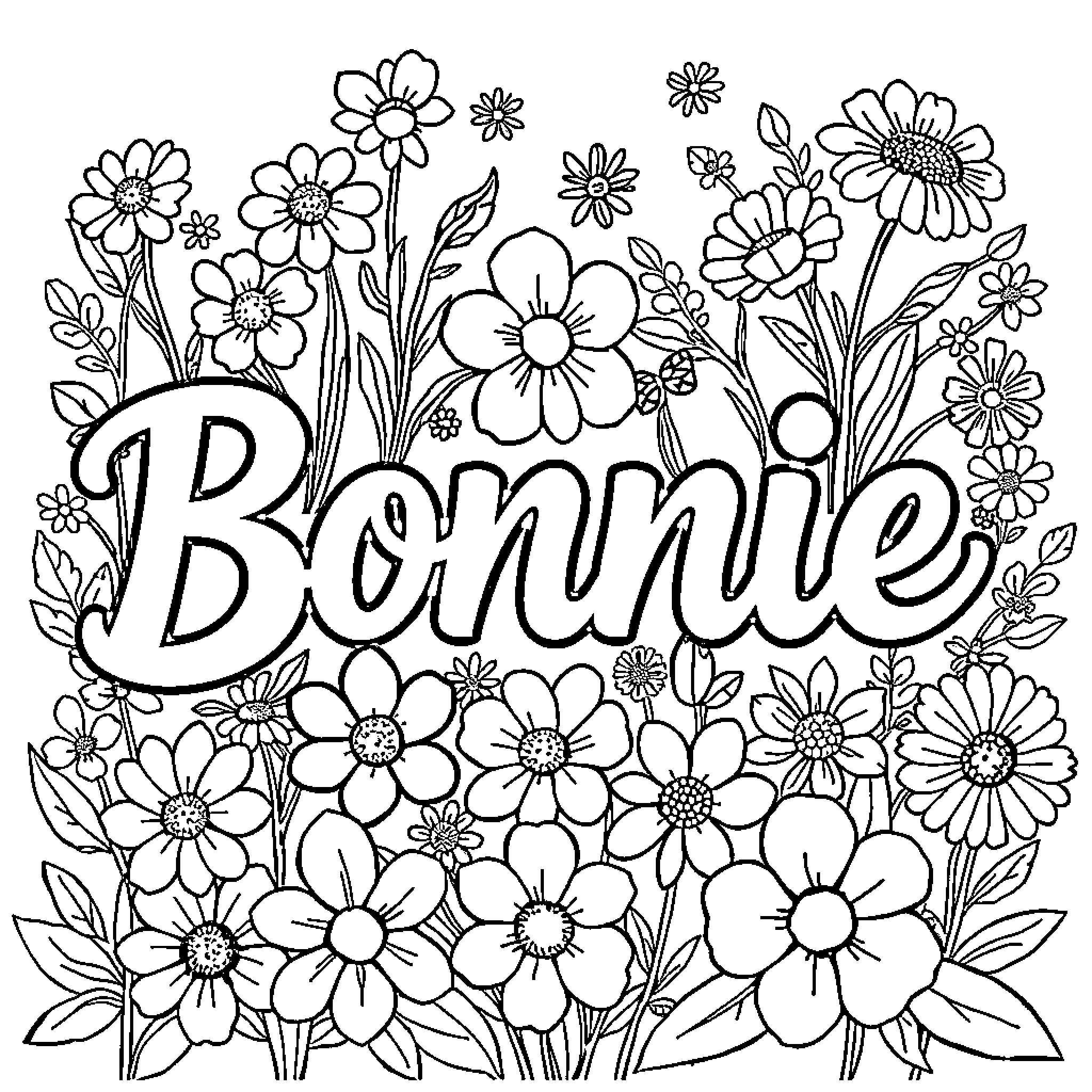Bonnie's Flower Garden Coloring Page (free black-and-white line drawing printable PDF for all, from beginners to advanced learners, including children, teens, adults, and seniors)
