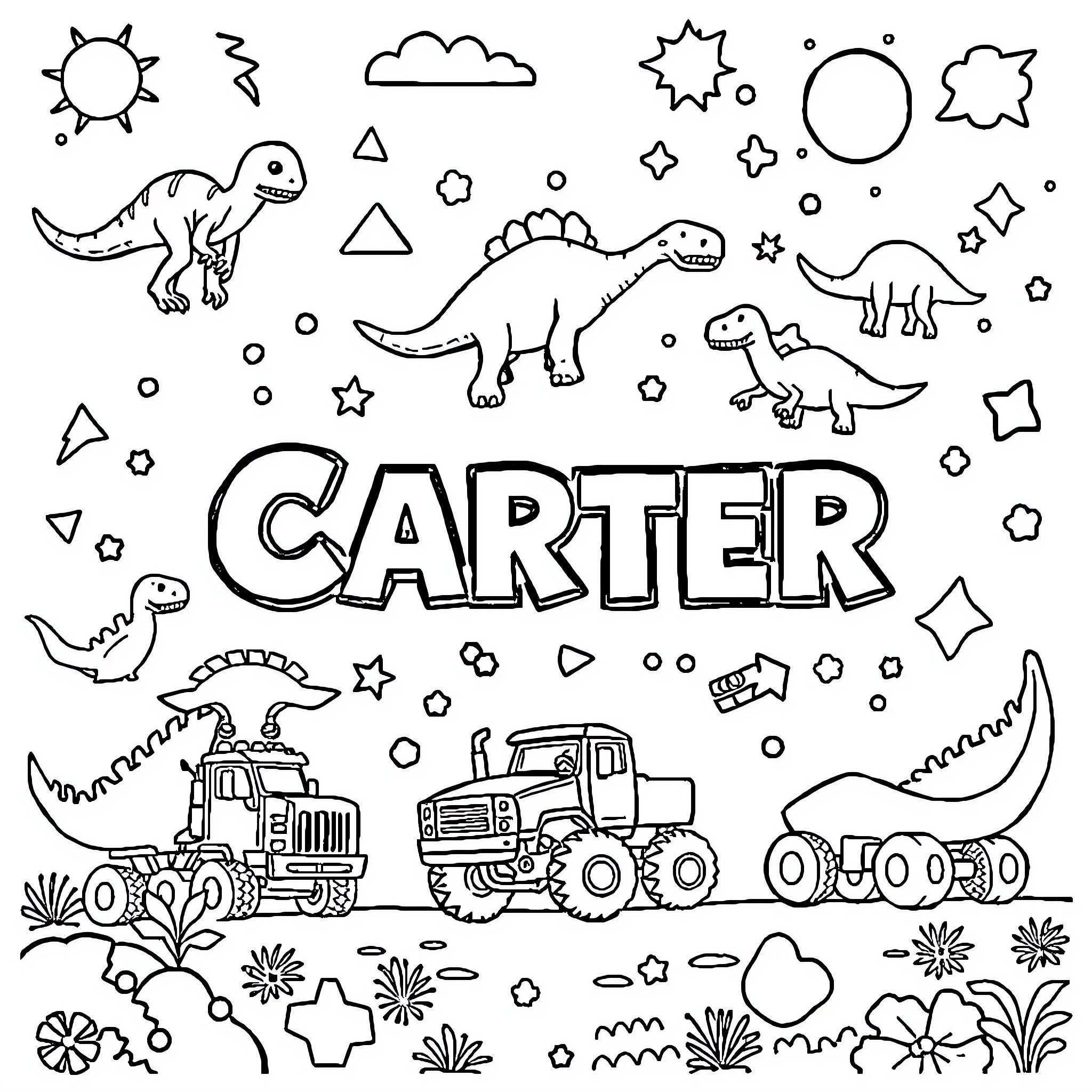 Name Carter's Dinosaur and Truck Adventure Coloring Page (free black-and-white line drawing printable PDF for all, from beginners to advanced learners, including children, teens, adults, and seniors)