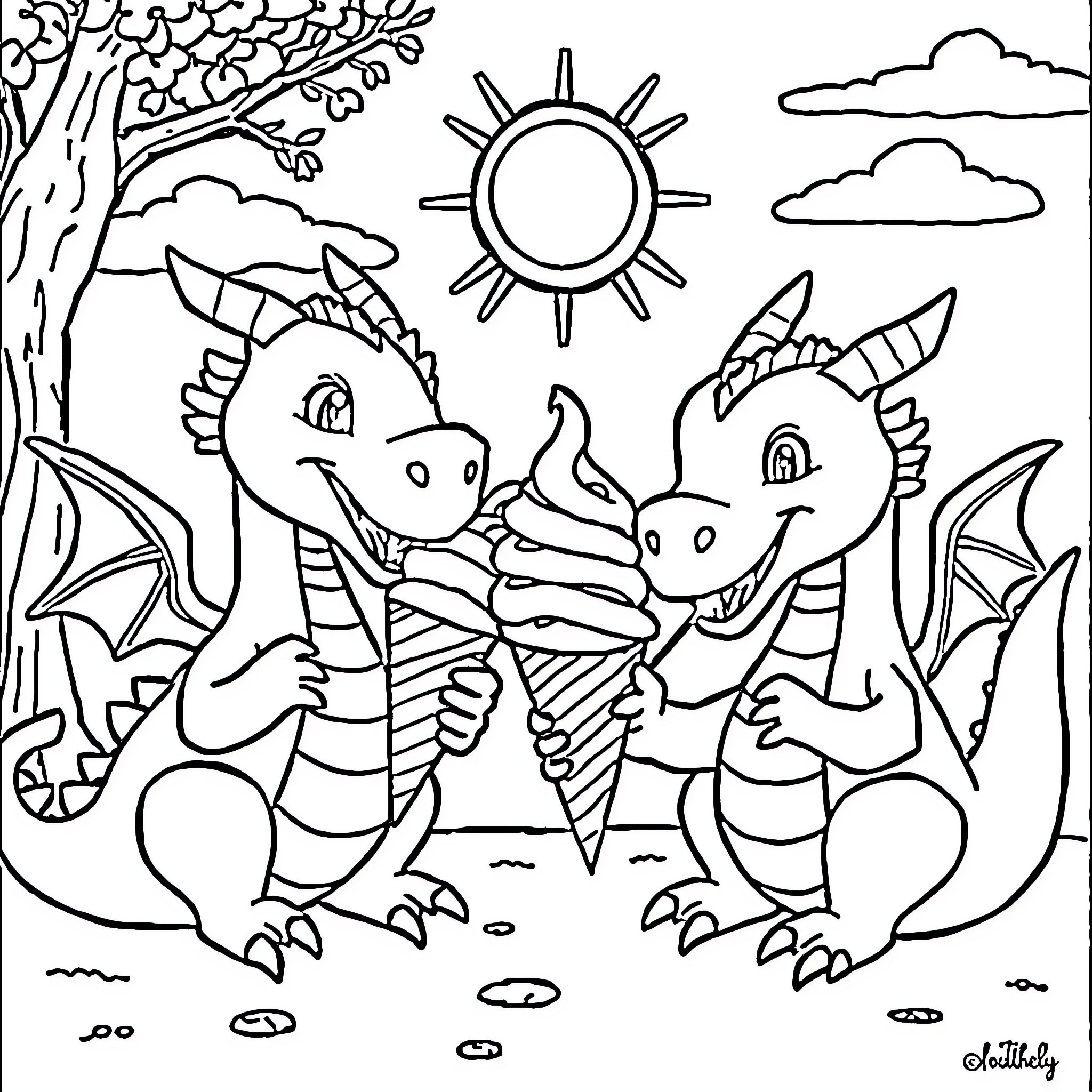 Dragon friends enjoying ice cream together in the sunshine Coloring Page (free black-and-white line drawing printable PDF for all, from beginners to advanced learners, including children, teens, adults, and seniors)