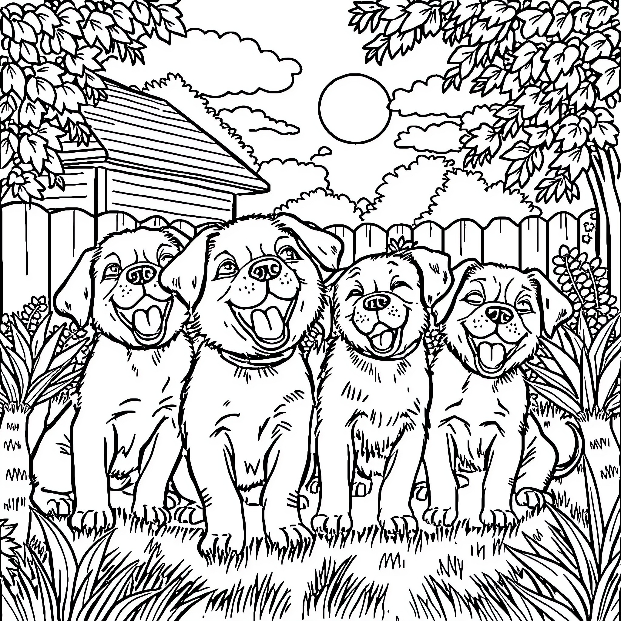 Puppy gang exploring the neighborhood Coloring Page (free black-and-white line drawing printable PDF for all, from beginners to advanced learners, including children, teens, adults, and seniors)