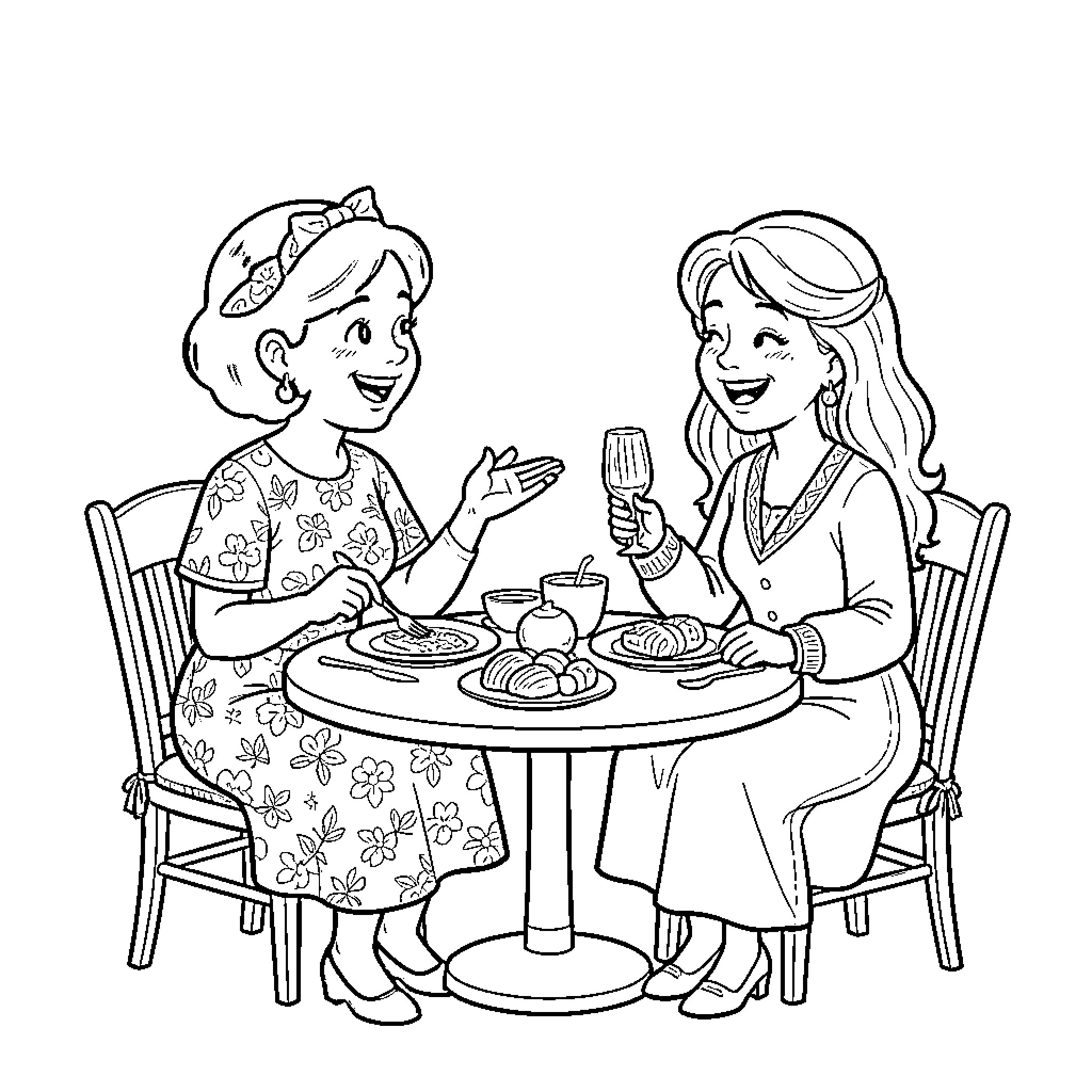 Rodolphe watching two women enjoying a meal together Coloring Page (free black-and-white line drawing printable PDF for all, from beginners to advanced learners, including children, teens, adults, and seniors)
