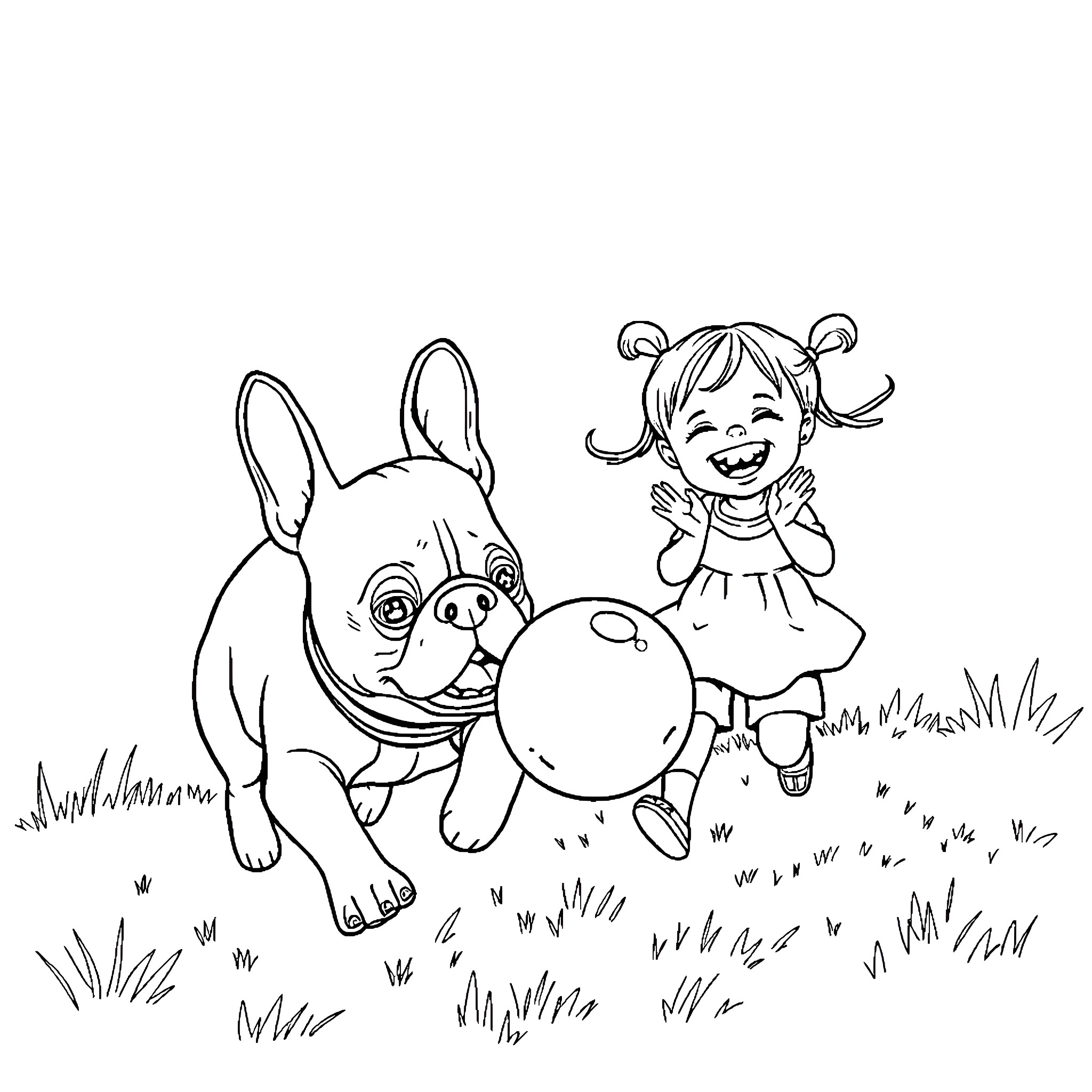 French Bulldog playing with happy girl in field Coloring Page (free black-and-white line drawing printable PDF for all, from beginners to advanced learners, including children, teens, adults, and seniors)