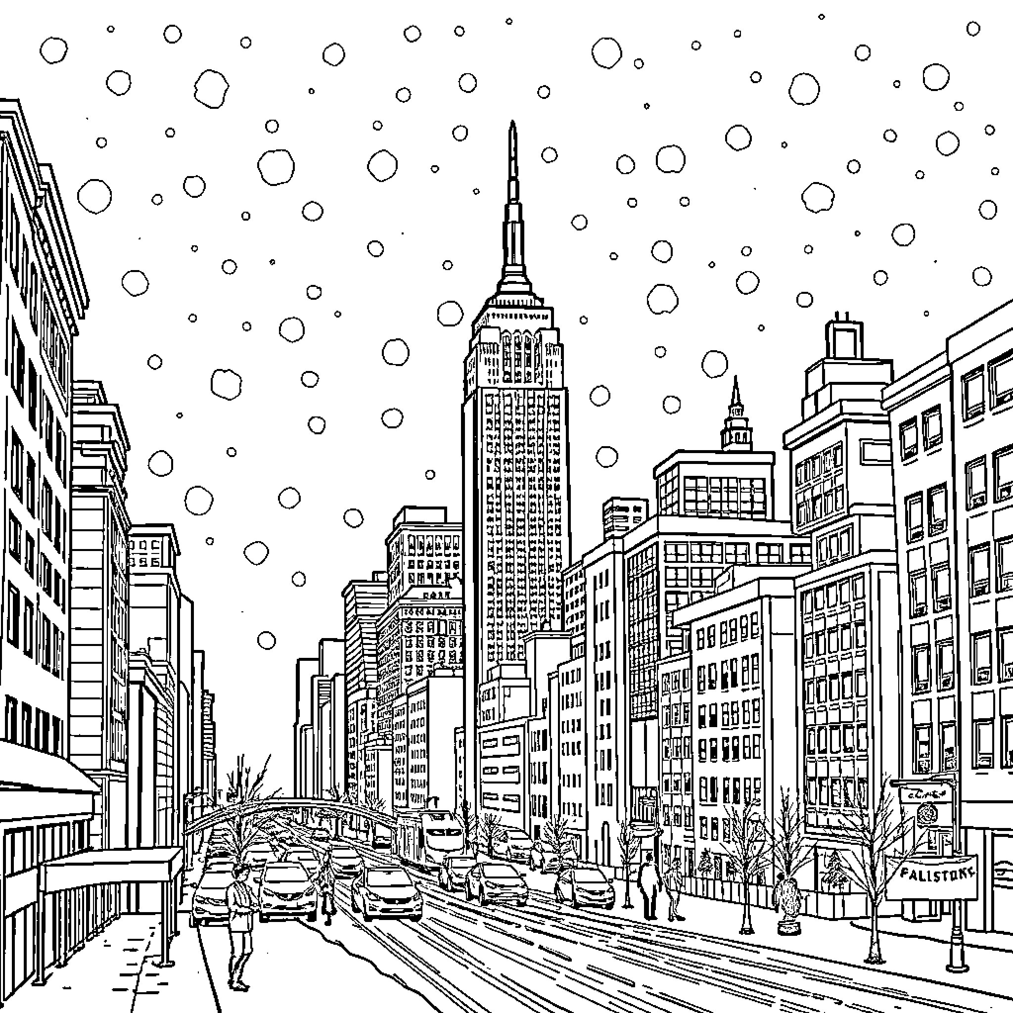 Snowstorm over the bustling city skyline Coloring Page (free black-and-white line drawing printable PDF for all, from beginners to advanced learners, including children, teens, adults, and seniors)