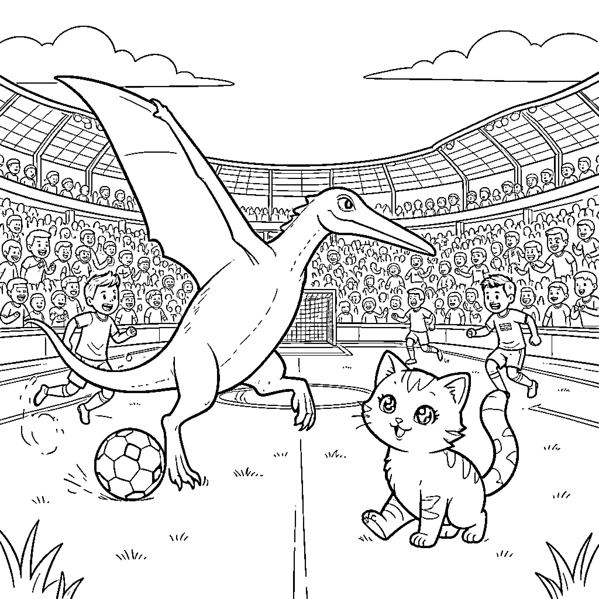 Pterodactyl playing soccer in a crowded stadium Coloring Page (free black-and-white line drawing printable PDF for all, from beginners to advanced learners, including children, teens, adults, and seniors)