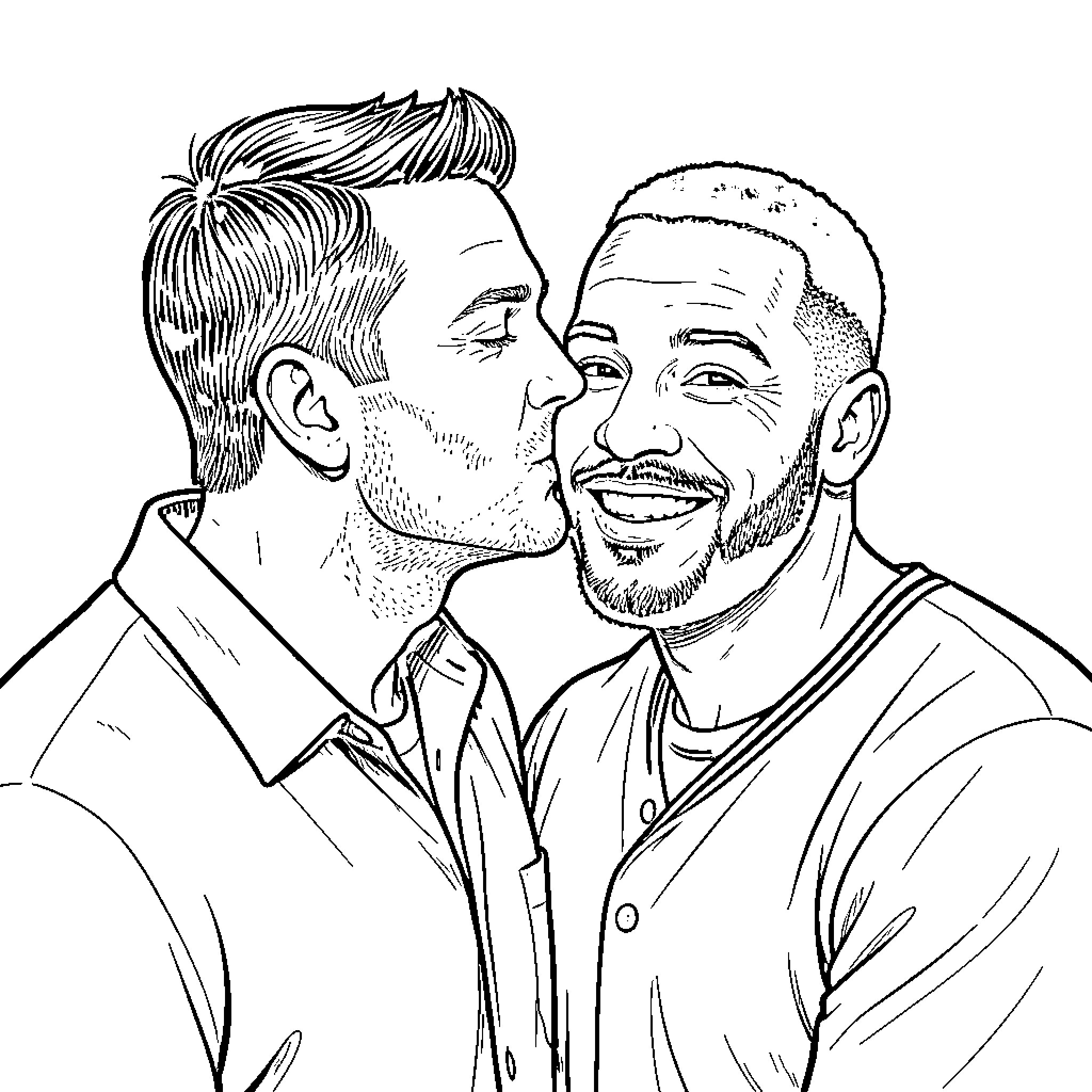 Tom Brady and a friend in a friendly embrace Coloring Page (free black-and-white line drawing printable PDF for all, from beginners to advanced learners, including children, teens, adults, and seniors)