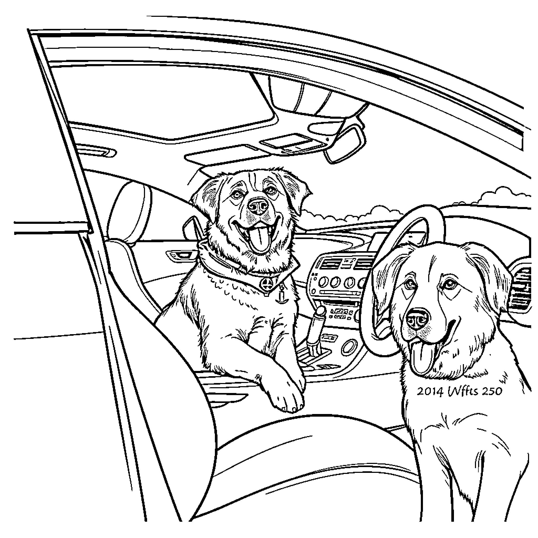 Dog companions on a road trip Coloring Page (free black-and-white line drawing printable PDF for all, from beginners to advanced learners, including children, teens, adults, and seniors)