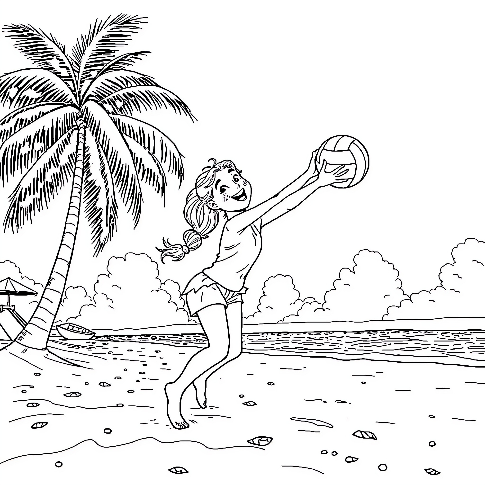 Girl playing volleyball on a tropical beach Coloring Page (free black-and-white line drawing printable PDF for all, from beginners to advanced learners, including children, teens, adults, and seniors)