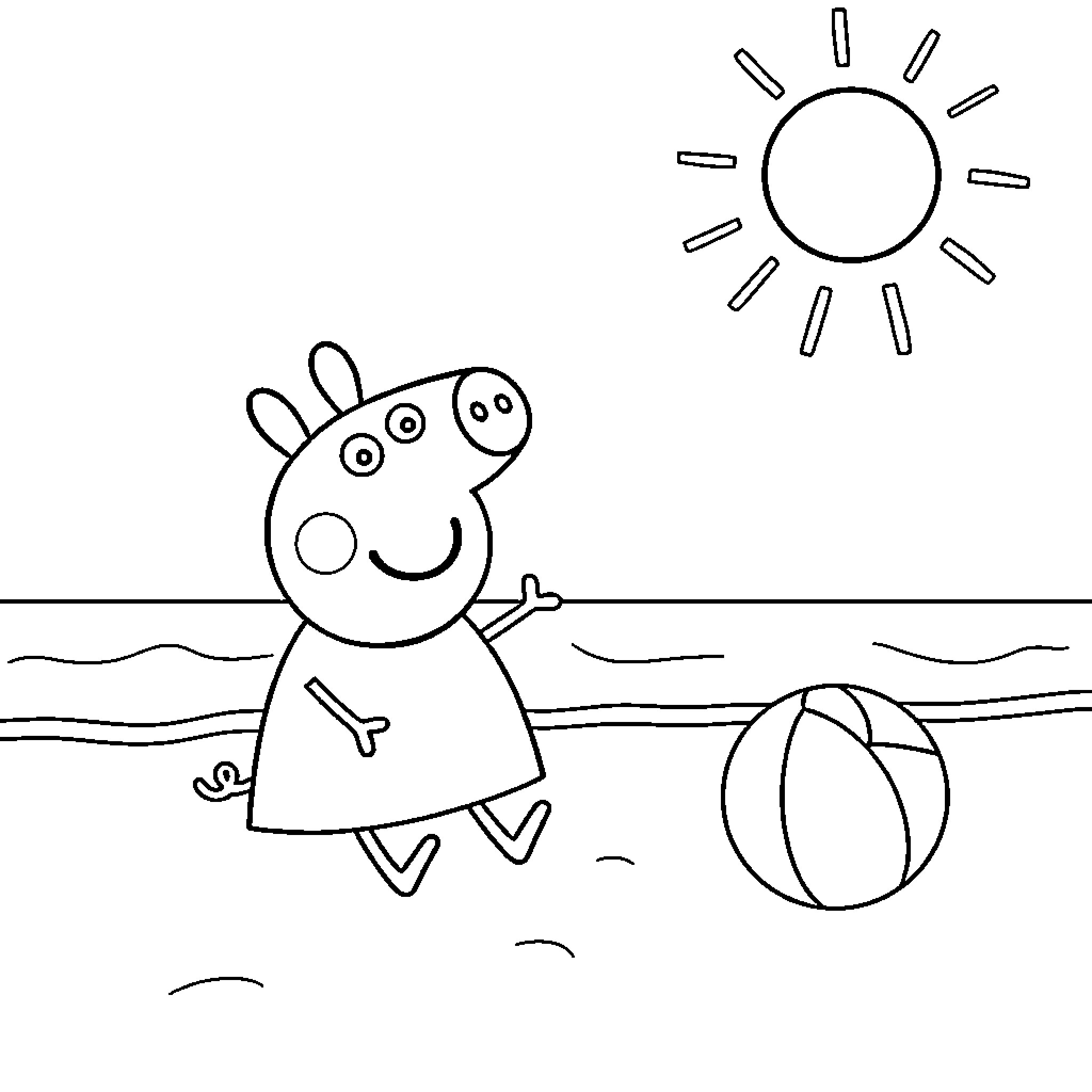 Peppa Pig playing on the beach with a ball Coloring Page (free black-and-white line drawing printable PDF for all, from beginners to advanced learners, including children, teens, adults, and seniors)