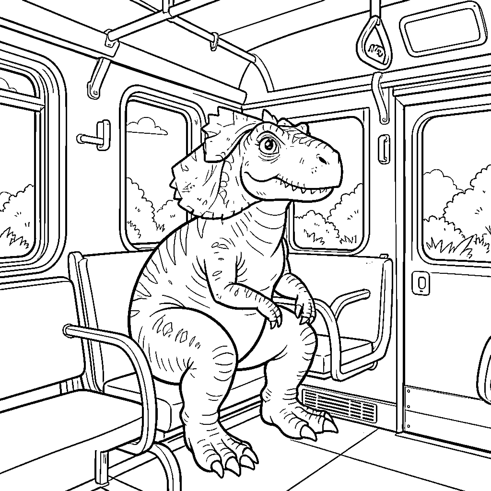 Dinosaur sitting calmly on a bus seat Coloring Page (free black-and-white line drawing printable PDF for all, from beginners to advanced learners, including children, teens, adults, and seniors)