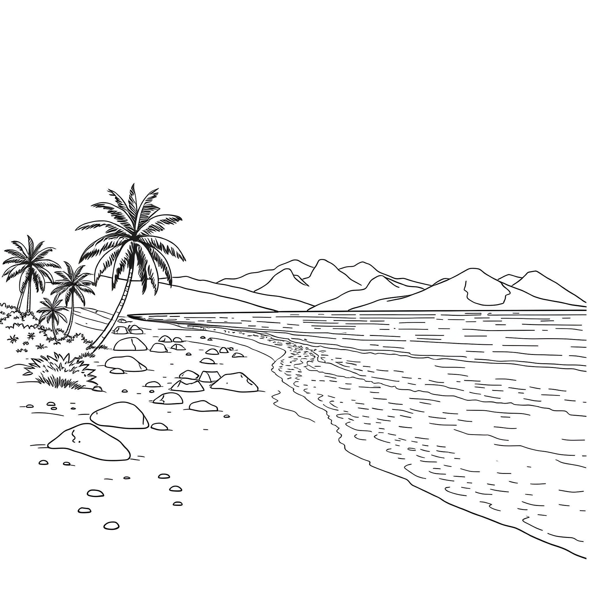 Beach scene with palm trees and mountains Coloring Page (free black-and-white line drawing printable PDF for all, from beginners to advanced learners, including children, teens, adults, and seniors)