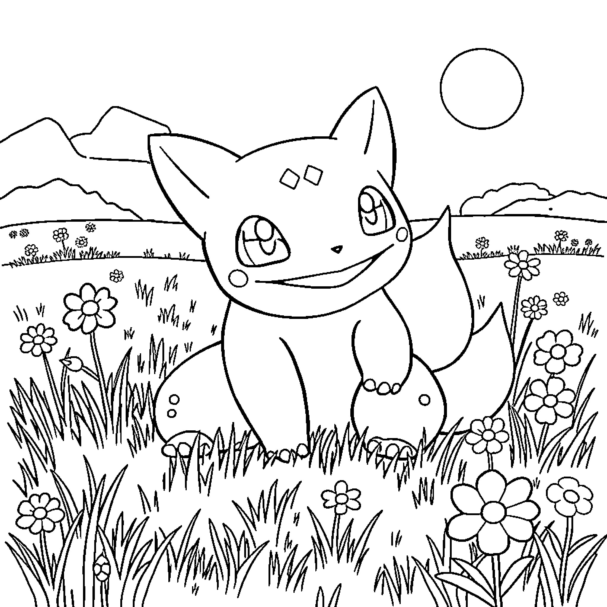 Bulbasaur exploring a flower-filled meadow Coloring Page (free black-and-white line drawing printable PDF for all, from beginners to advanced learners, including children, teens, adults, and seniors)
