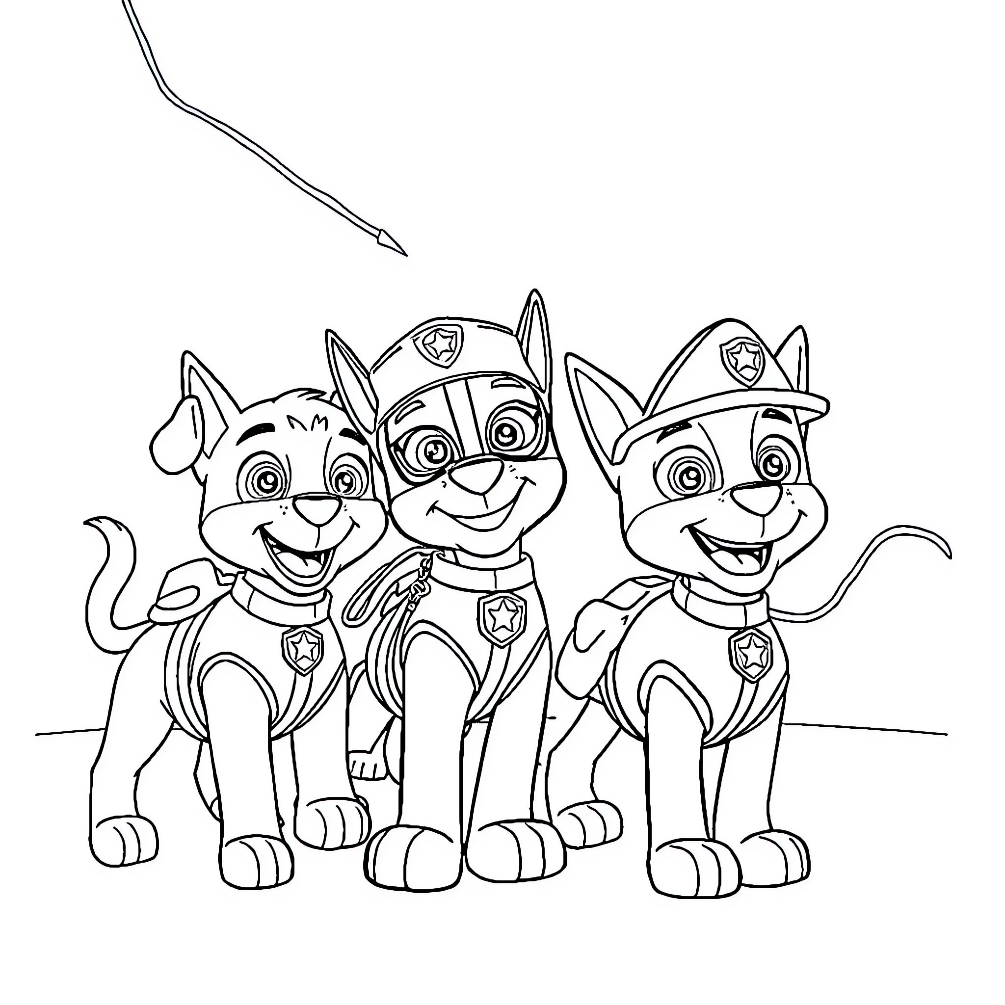 Paw Patrol puppies in action poses Coloring Page (free black-and-white line drawing printable PDF for all, from beginners to advanced learners, including children, teens, adults, and seniors)