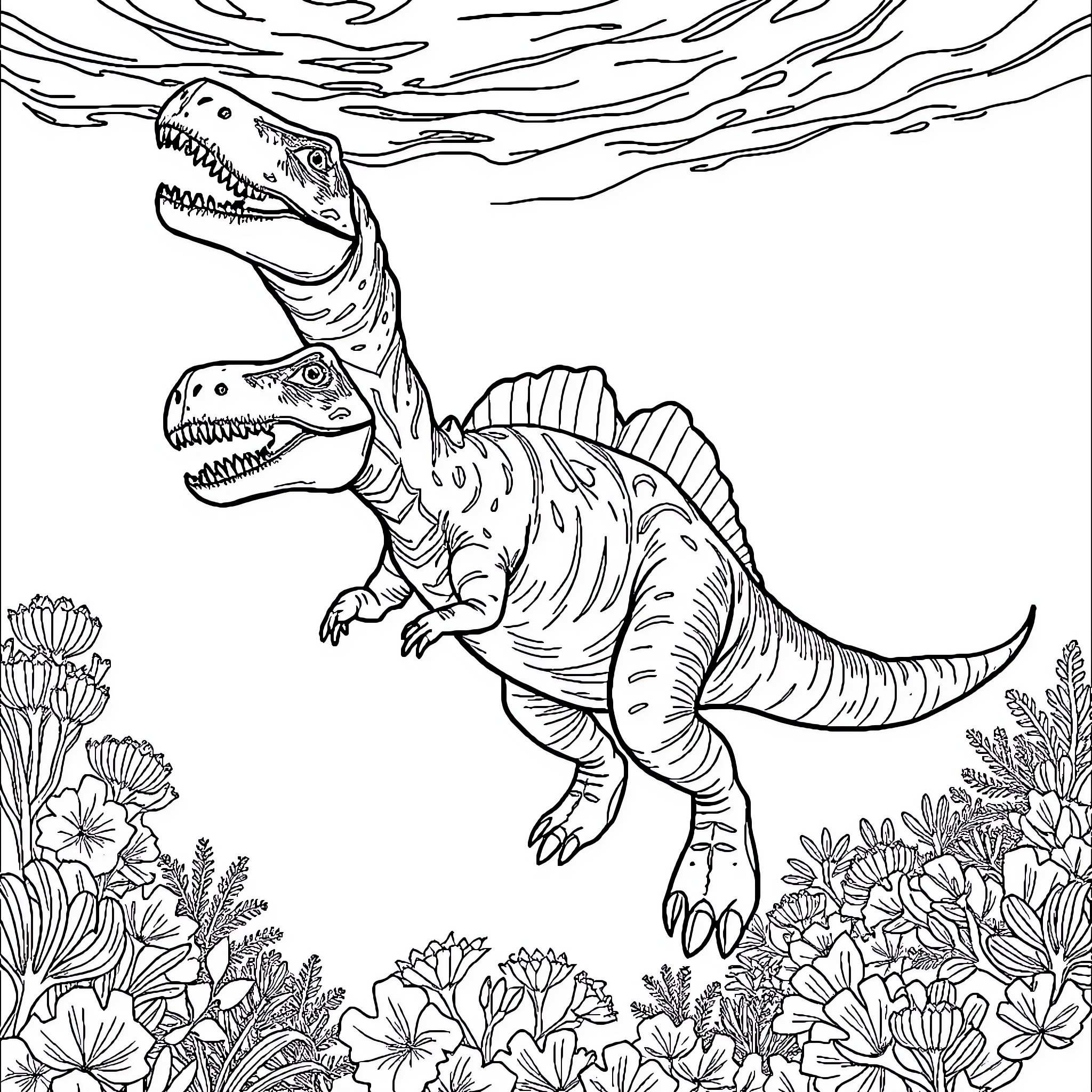 Dinosaur Roaming Through Vibrant Prehistoric Vegetation Coloring Page (free black-and-white line drawing printable PDF for all, from beginners to advanced learners, including children, teens, adults, and seniors)