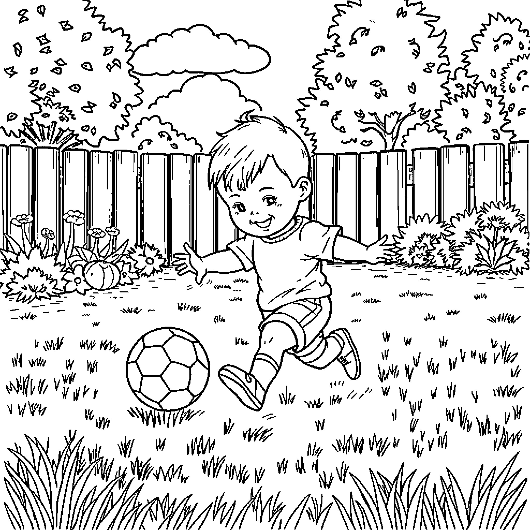 Baby playing happily with soccer ball in the yard Coloring Page (free black-and-white line drawing printable PDF for all, from beginners to advanced learners, including children, teens, adults, and seniors)