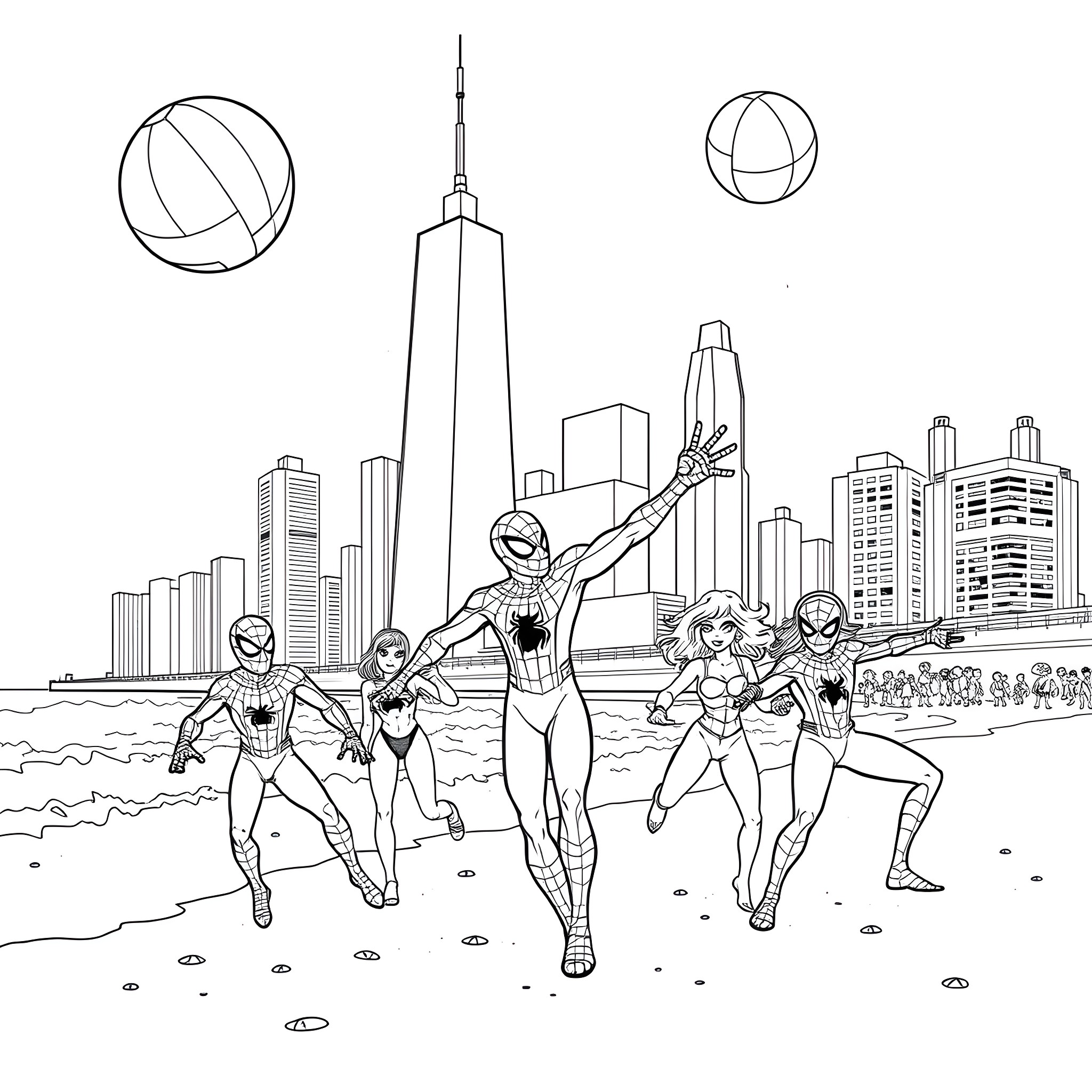 Spider-Heroes Saving the City Coloring Page (free black-and-white line drawing printable PDF for all, from beginners to advanced learners, including children, teens, adults, and seniors)