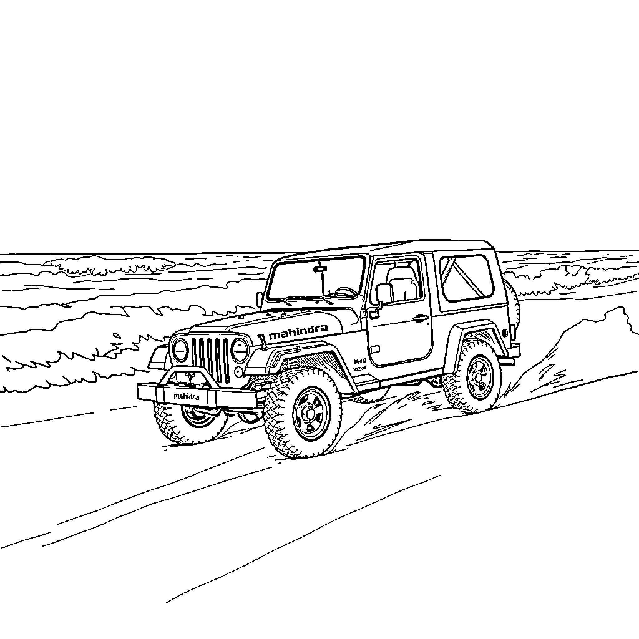 Mahindra Jeep driving through rugged terrain Coloring Page (free black-and-white line drawing printable PDF for all, from beginners to advanced learners, including children, teens, adults, and seniors)