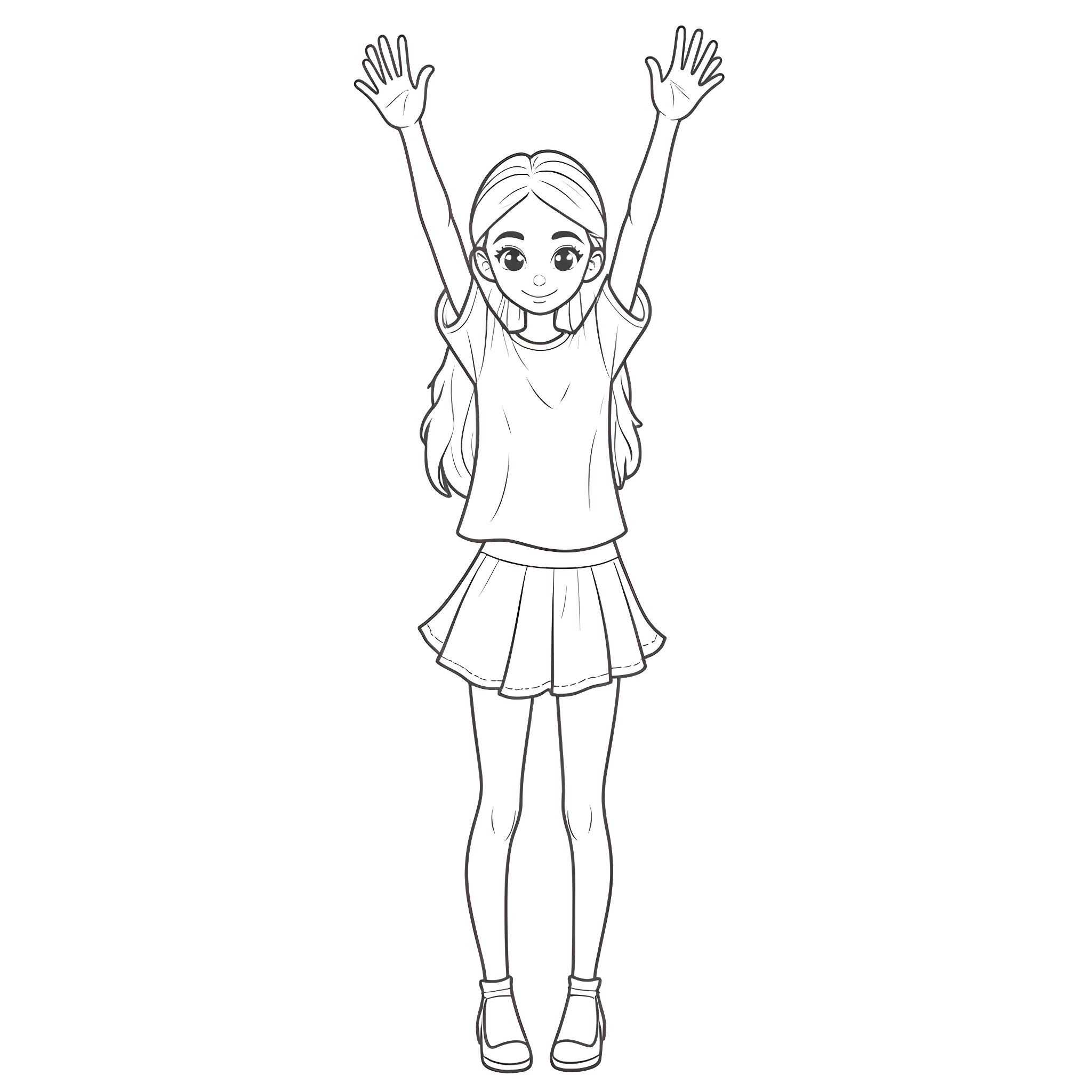 Girl raising her arms with joy Coloring Page (free black-and-white line drawing printable PDF for all, from beginners to advanced learners, including children, teens, adults, and seniors)