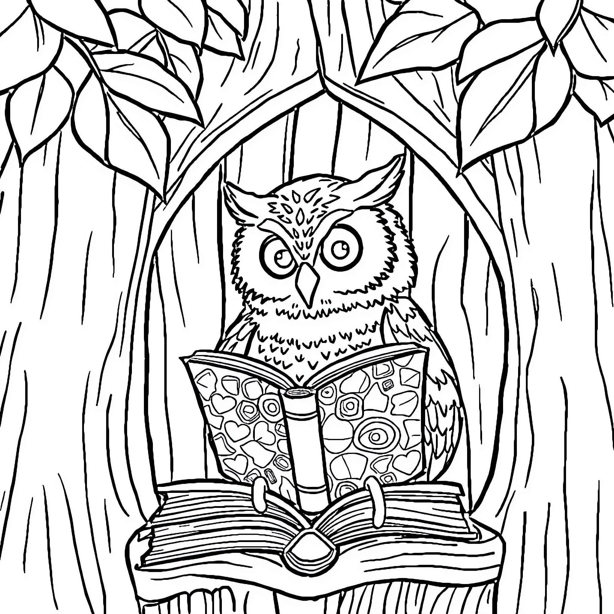 Owl reading book in magical forest Coloring Page (free black-and-white line drawing printable PDF for all, from beginners to advanced learners, including children, teens, adults, and seniors)