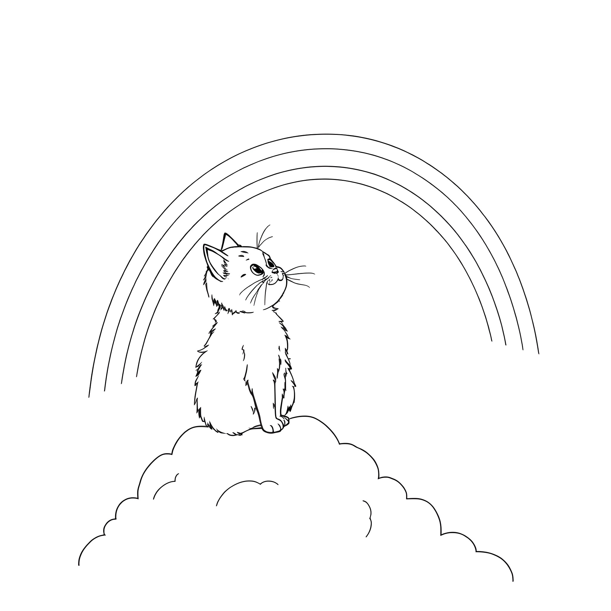 Cat sitting on a cloud under a rainbow Coloring Page (free black-and-white line drawing printable PDF for all, from beginners to advanced learners, including children, teens, adults, and seniors)