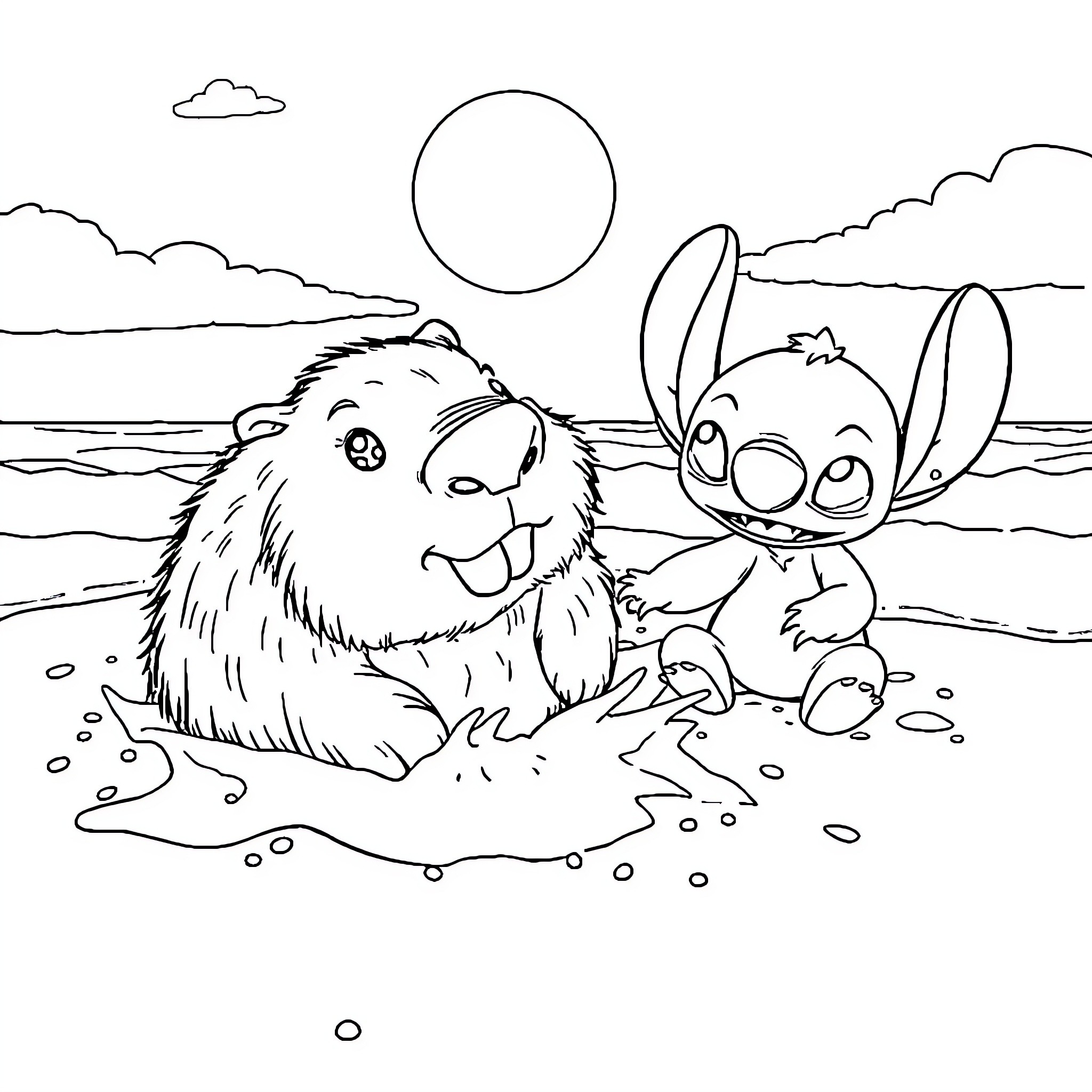 Capibara and Stitch playing on the beach Coloring Page (free black-and-white line drawing printable PDF for all, from beginners to advanced learners, including children, teens, adults, and seniors)