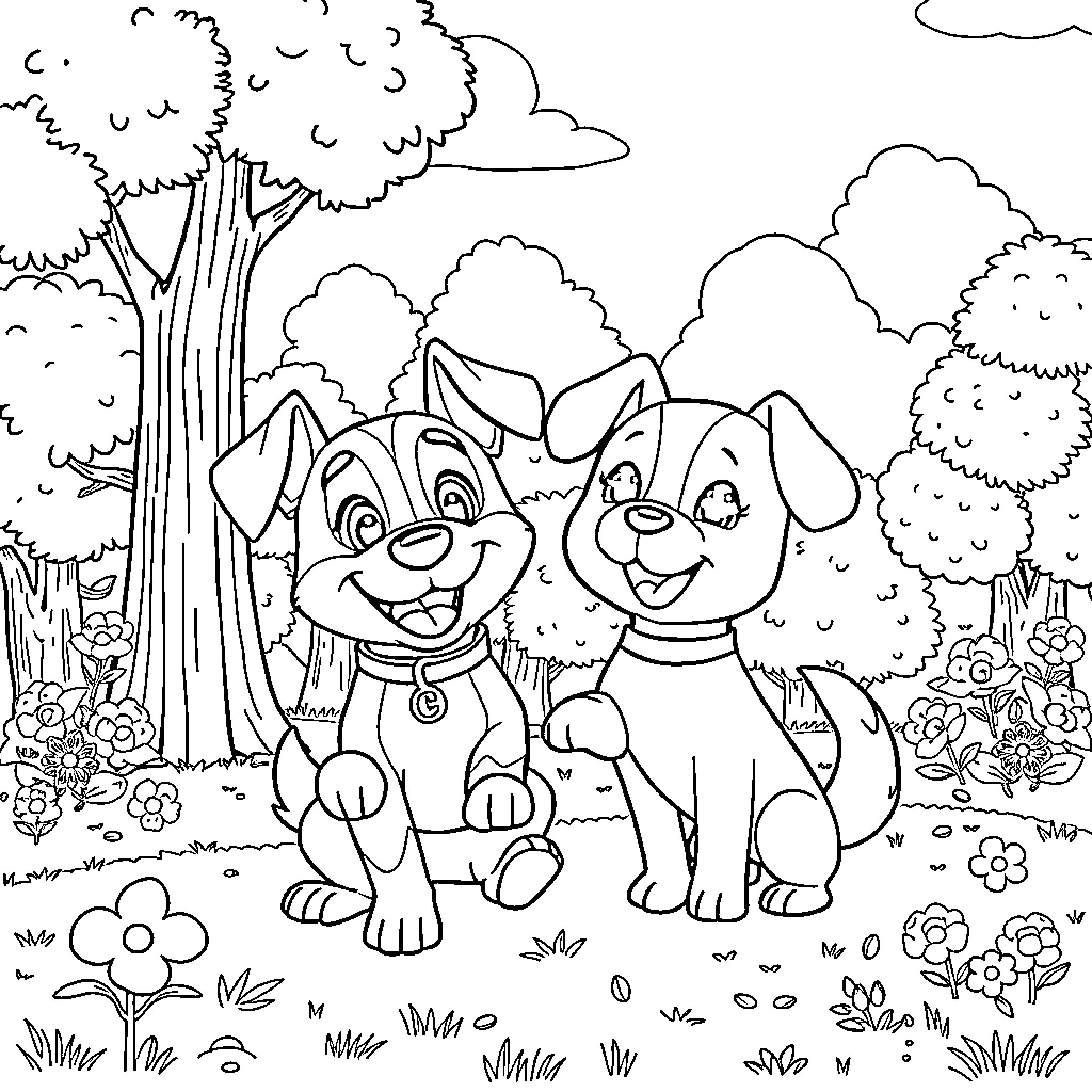 Perrito playing happily with friend in a colorful forest Coloring Page (free black-and-white line drawing printable PDF for all, from beginners to advanced learners, including children, teens, adults, and seniors)