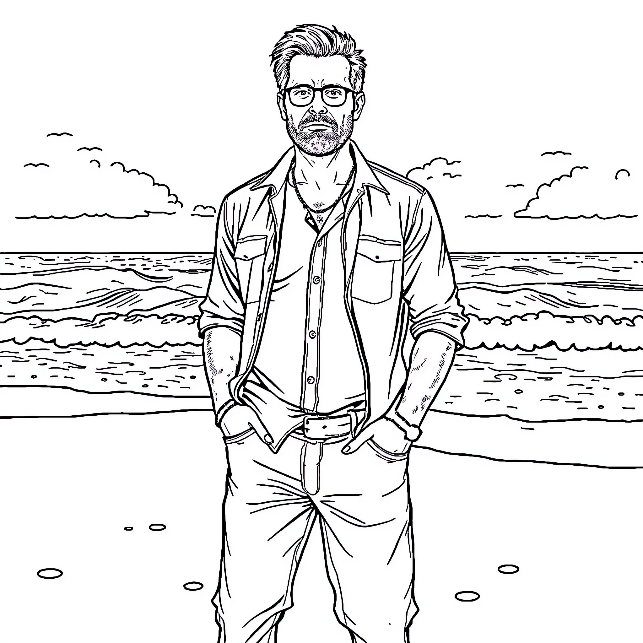 Michael Biehn posing on a beach in casual attire Coloring Page (free black-and-white line drawing printable PDF for all, from beginners to advanced learners, including children, teens, adults, and seniors)