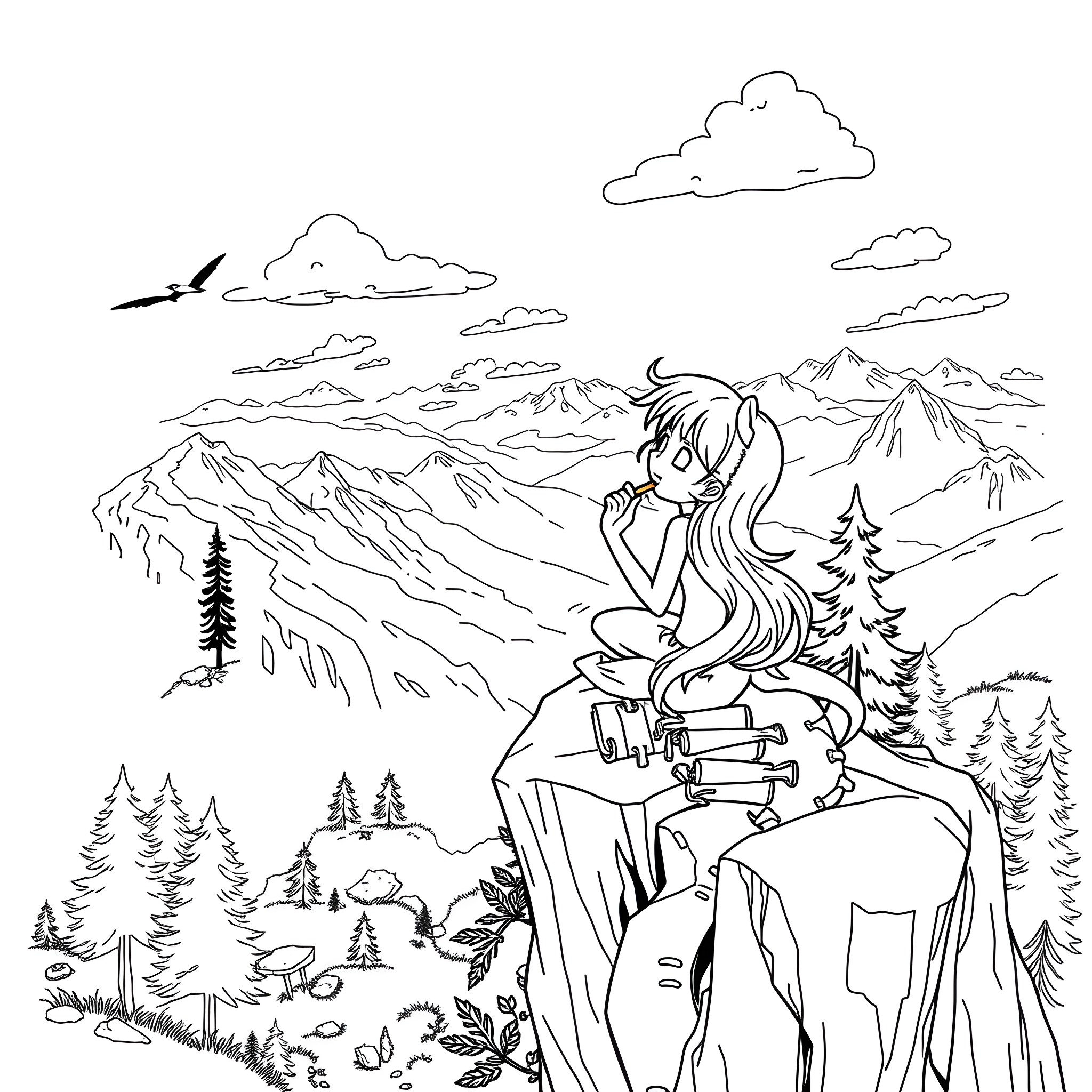 Pot Leaf Girl Enjoying Nature's Beauty Coloring Page (free black-and-white line drawing printable PDF for all, from beginners to advanced learners, including children, teens, adults, and seniors)