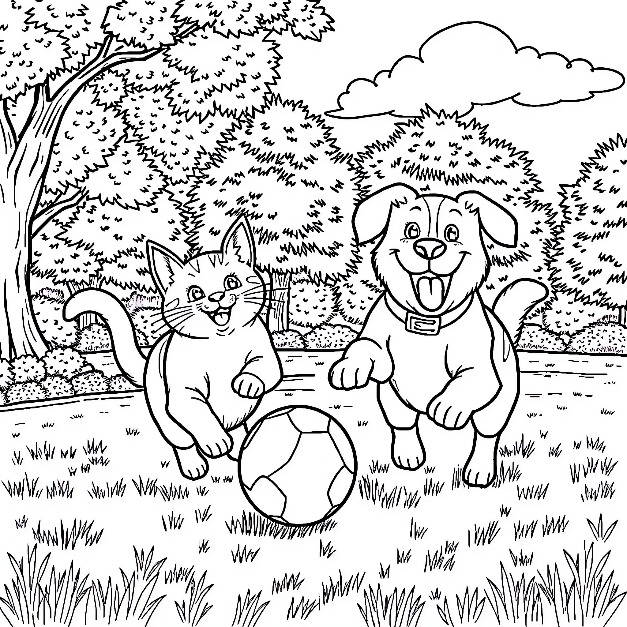 Cat and Dog Playing Together in the Park Coloring Page (free black-and-white line drawing printable PDF for all, from beginners to advanced learners, including children, teens, adults, and seniors)