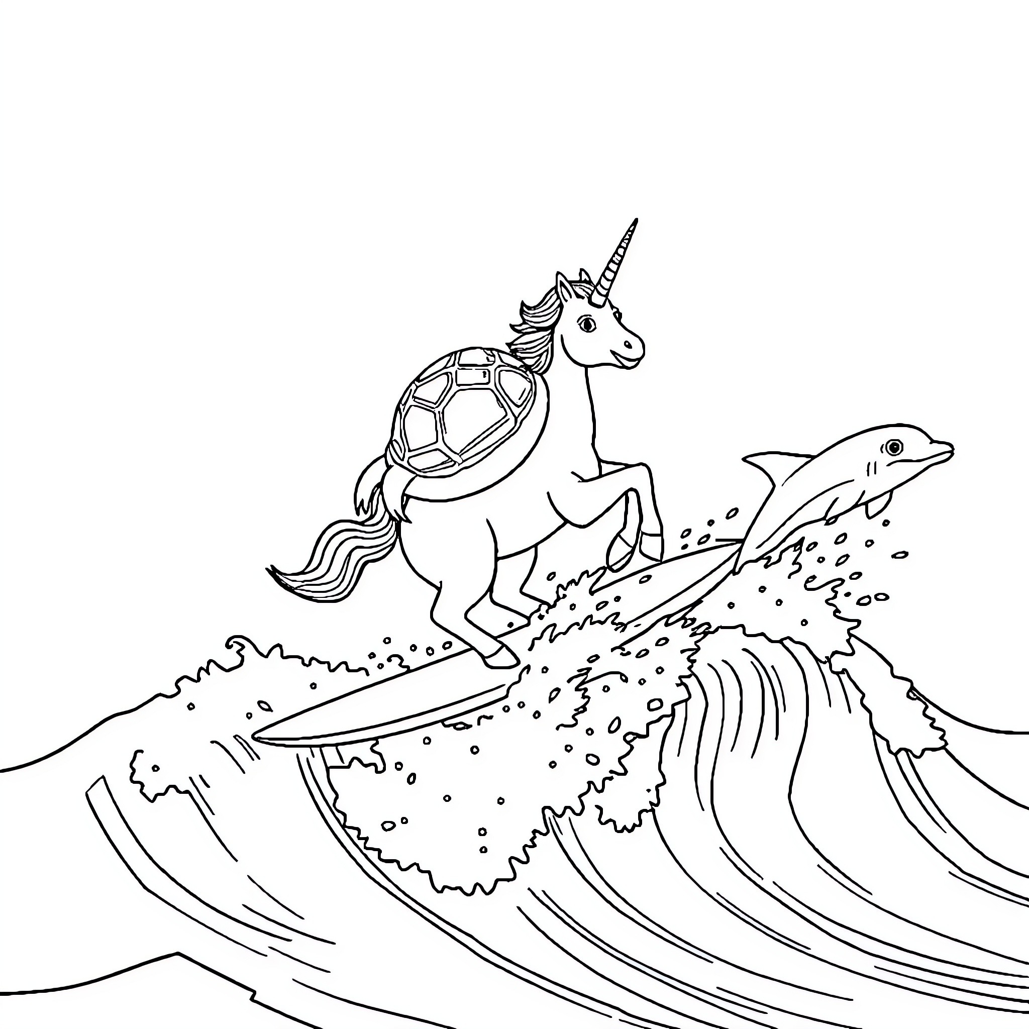 Turtle unicorn surfing on ocean waves Coloring Page (free black-and-white line drawing printable PDF for all, from beginners to advanced learners, including children, teens, adults, and seniors)
