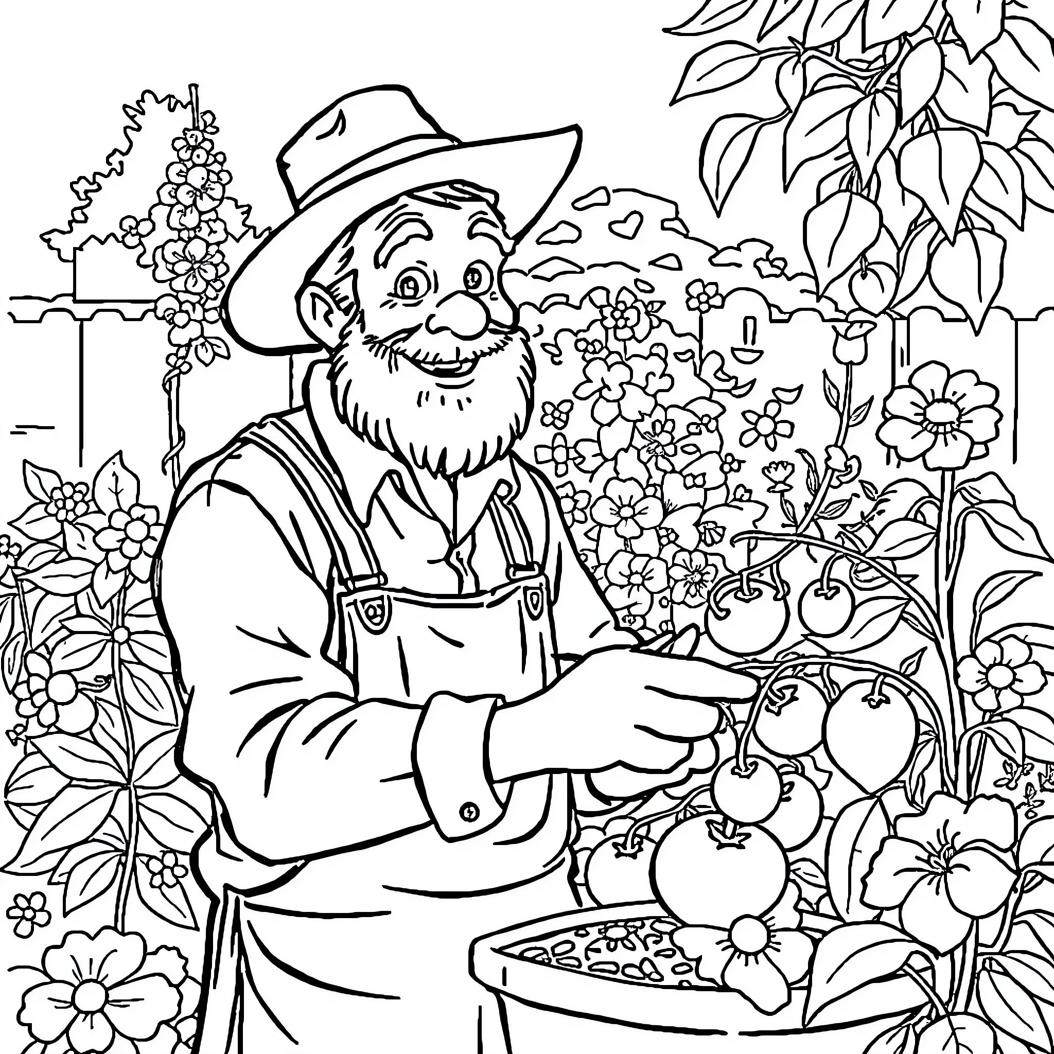 Barman tending to his lush garden Coloring Page (free black-and-white line drawing printable PDF for all, from beginners to advanced learners, including children, teens, adults, and seniors)