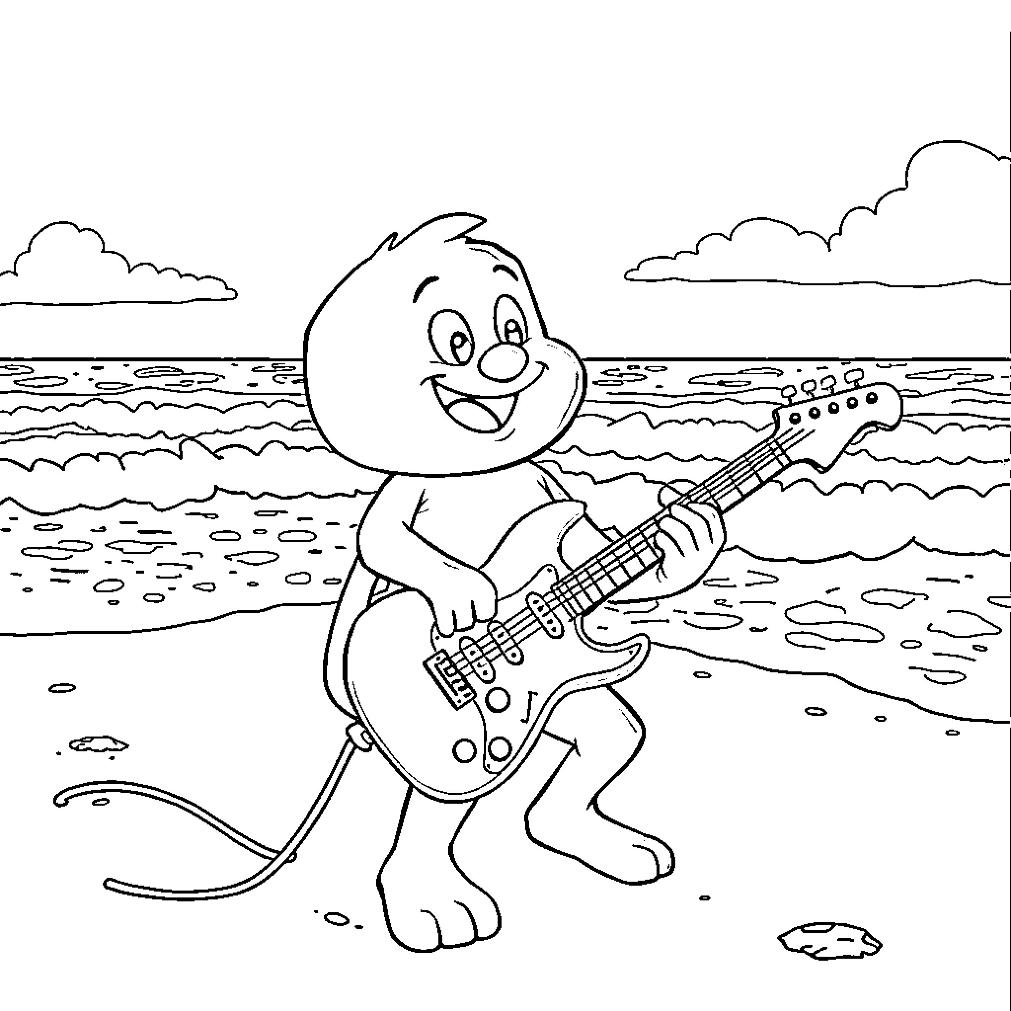 Bluey playing guitar on the beach Coloring Page (free black-and-white line drawing printable PDF for all, from beginners to advanced learners, including children, teens, adults, and seniors)