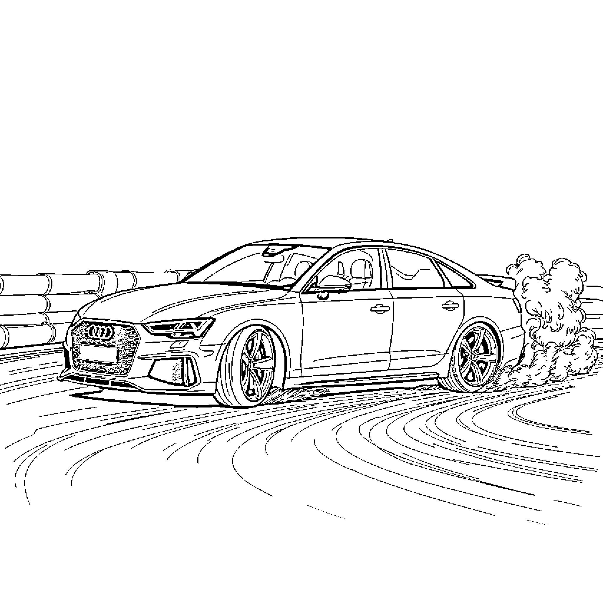 Audi Sports Car on Winding Road Coloring Page (free black-and-white line drawing printable PDF for all, from beginners to advanced learners, including children, teens, adults, and seniors)