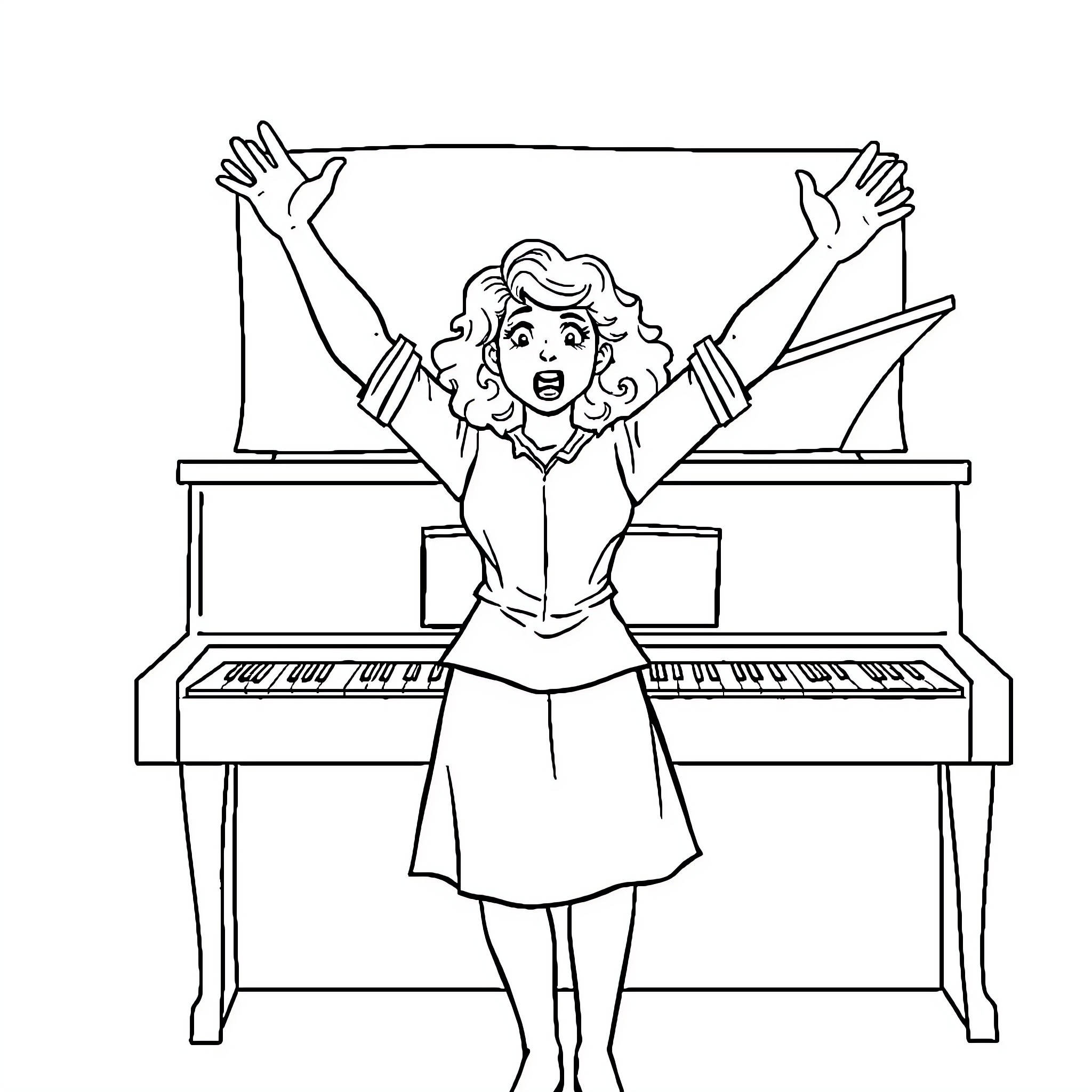 Music Teacher celebrating with excitement in the classroom Coloring Page (free black-and-white line drawing printable PDF for all, from beginners to advanced learners, including children, teens, adults, and seniors)