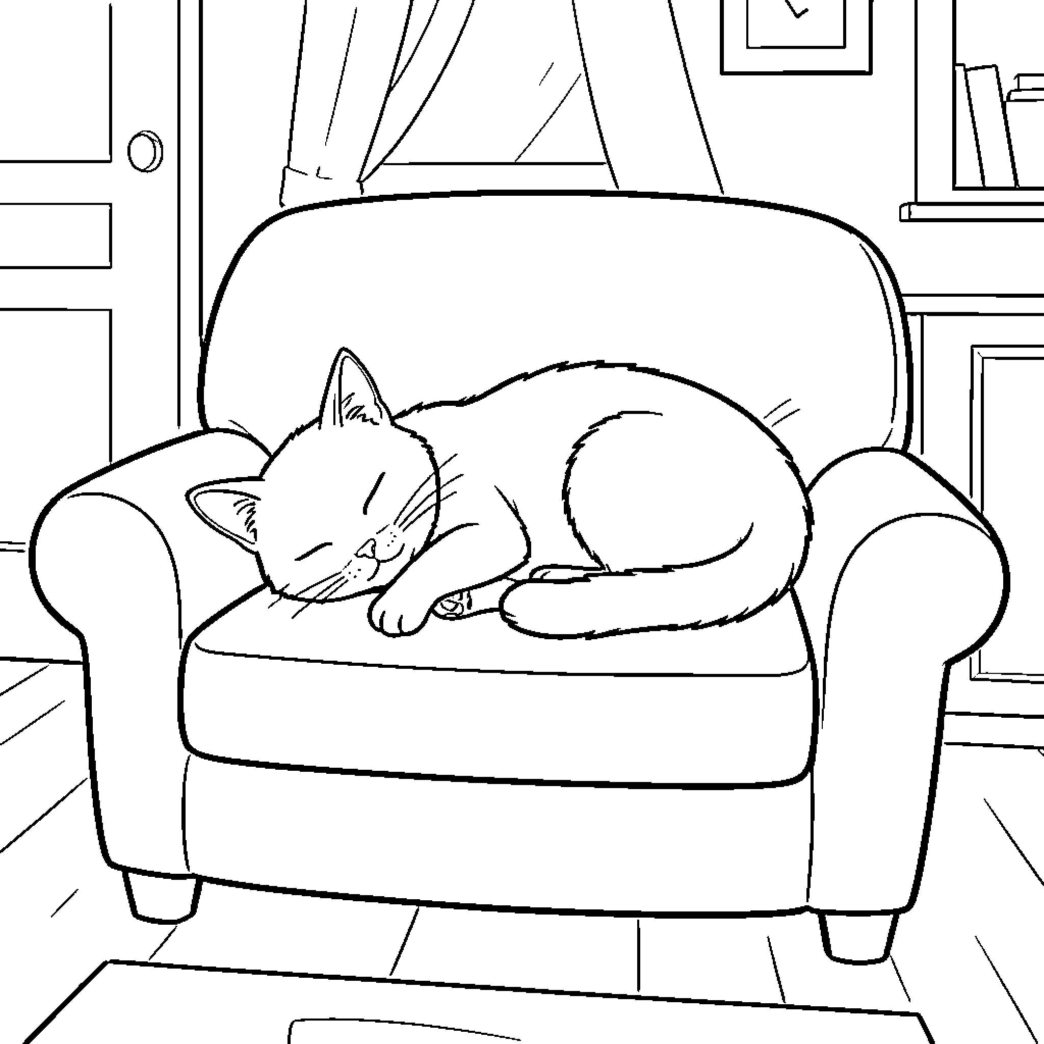 Cat sleeping peacefully on the couch Coloring Page (free black-and-white line drawing printable PDF for all, from beginners to advanced learners, including children, teens, adults, and seniors)