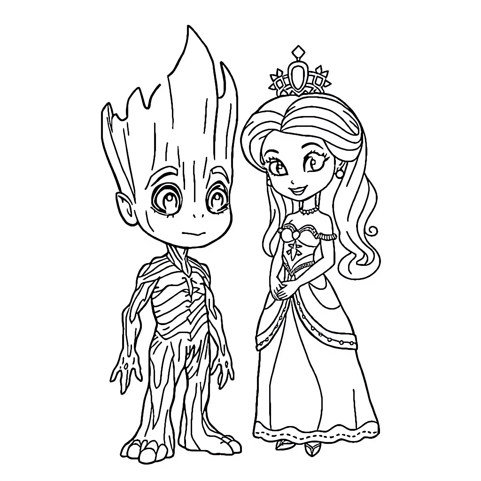 Groot and a Fairy Princess in an Enchanted Scene Coloring Page (free black-and-white line drawing printable PDF for all, from beginners to advanced learners, including children, teens, adults, and seniors)